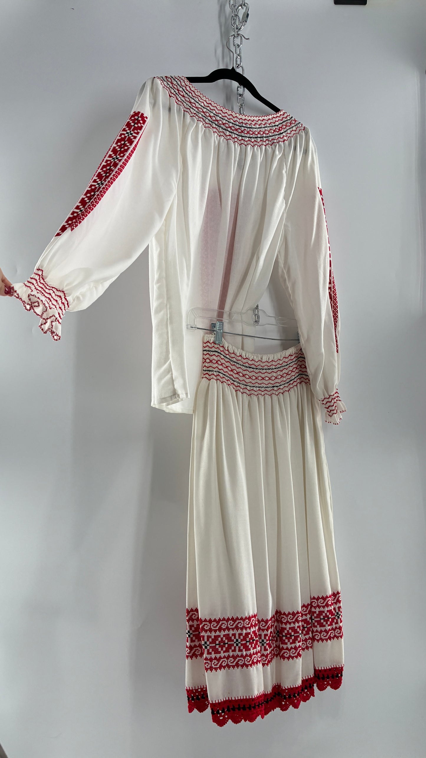 Vintage 1970s LUX FOLKLOR Budapest Handmade Cotton Long Sleeve and Skirt Covered in Red Embroidery and Stitching