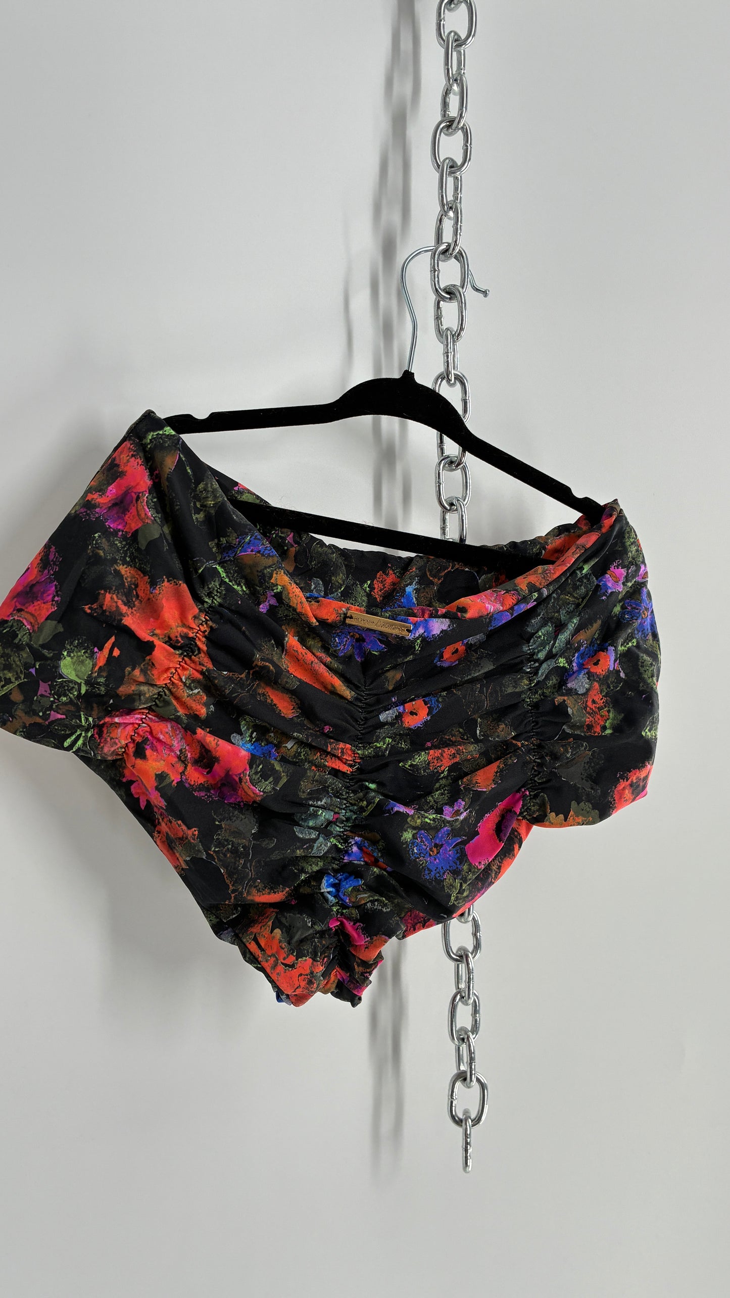 Boys + ARROWS High Contrast Floral High Waisted, Ruched Tanga Swim Bottoms (M)