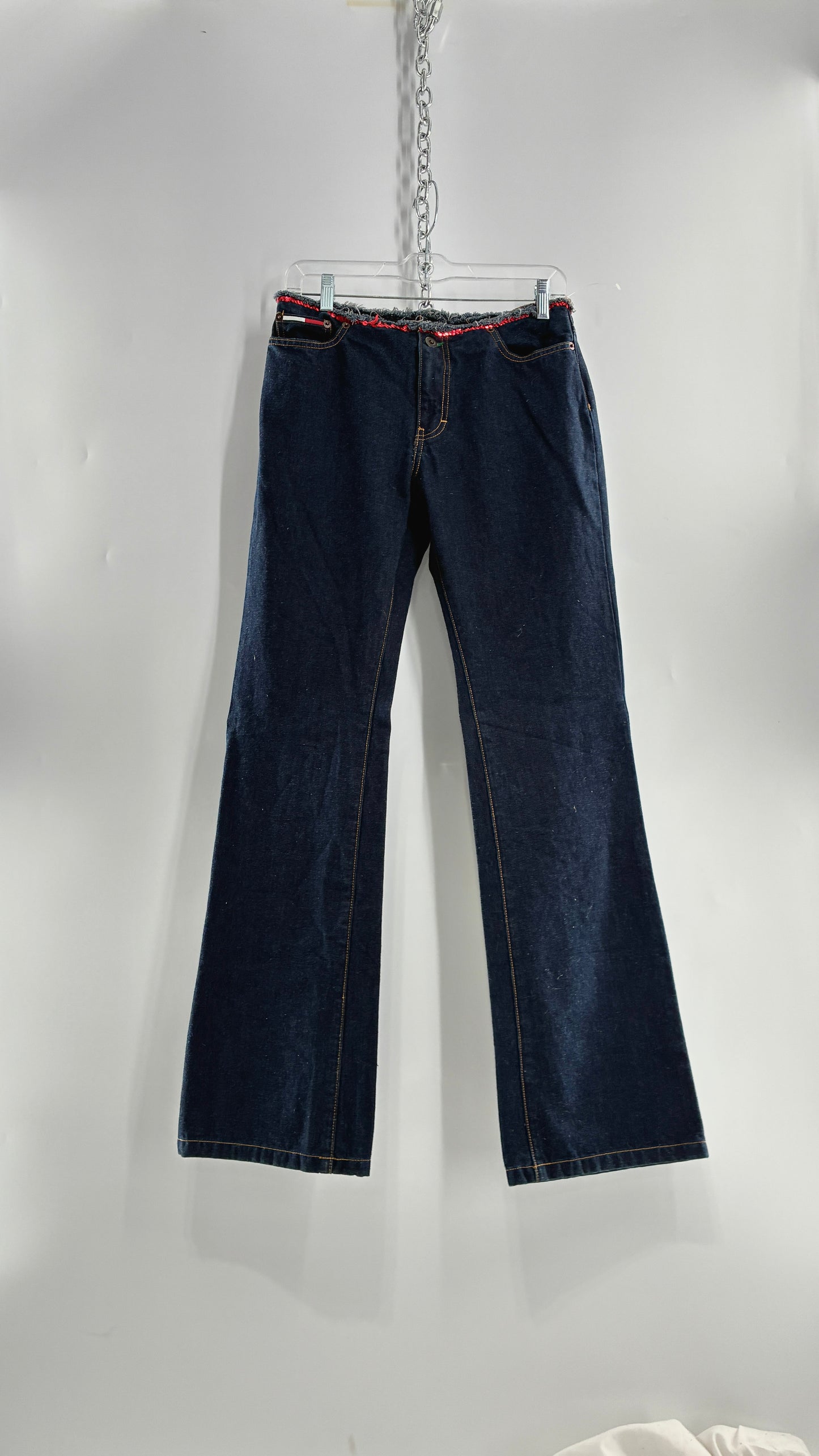 Vintage Tommy Hilfiger Low Rise Jeans with Frayed Waist Lined in Red Sequins (7)