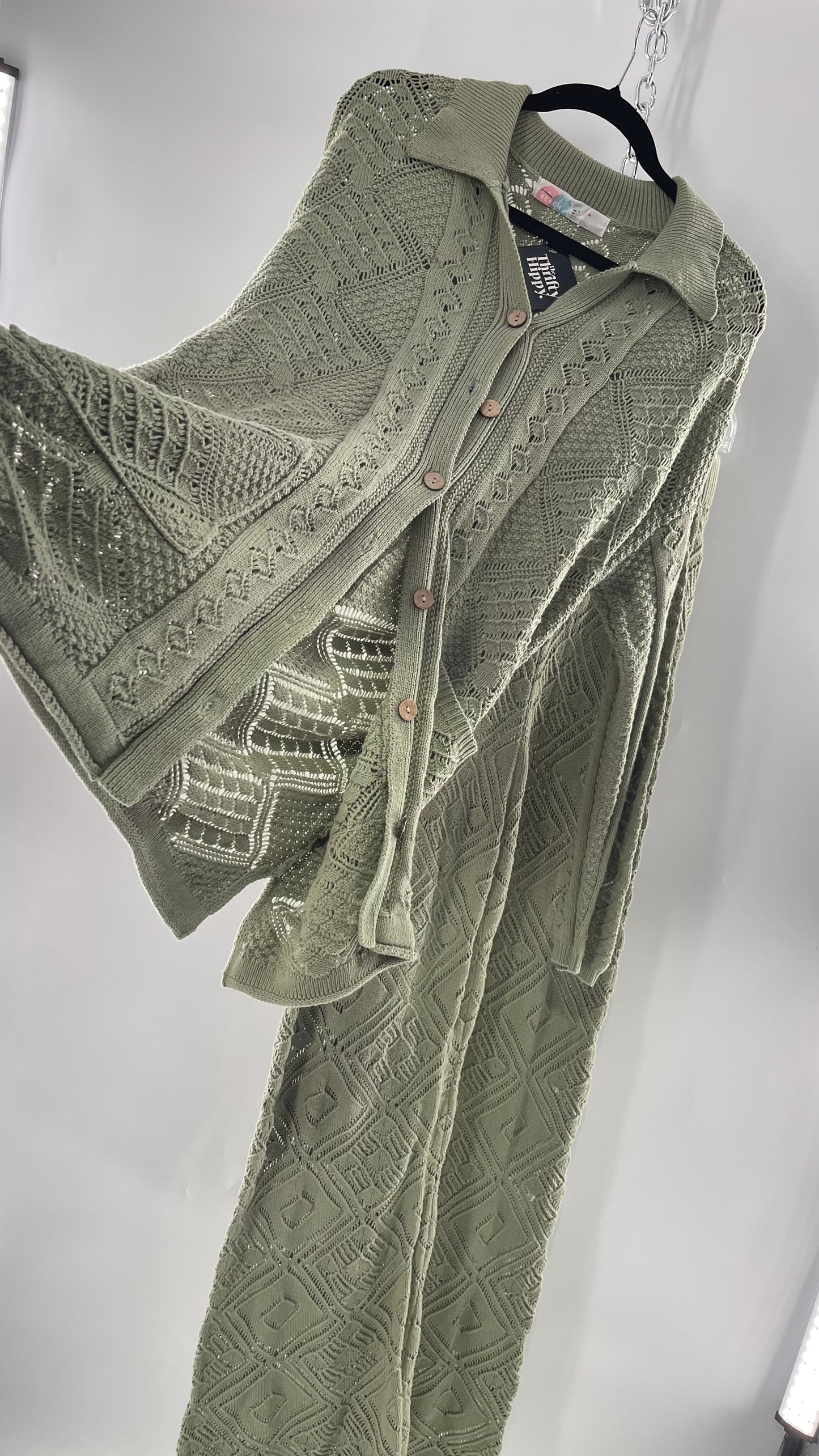 Free People Beach Sage Green Crochet Wooden Button Front Cardigan and Wide Leg Set (Medium)