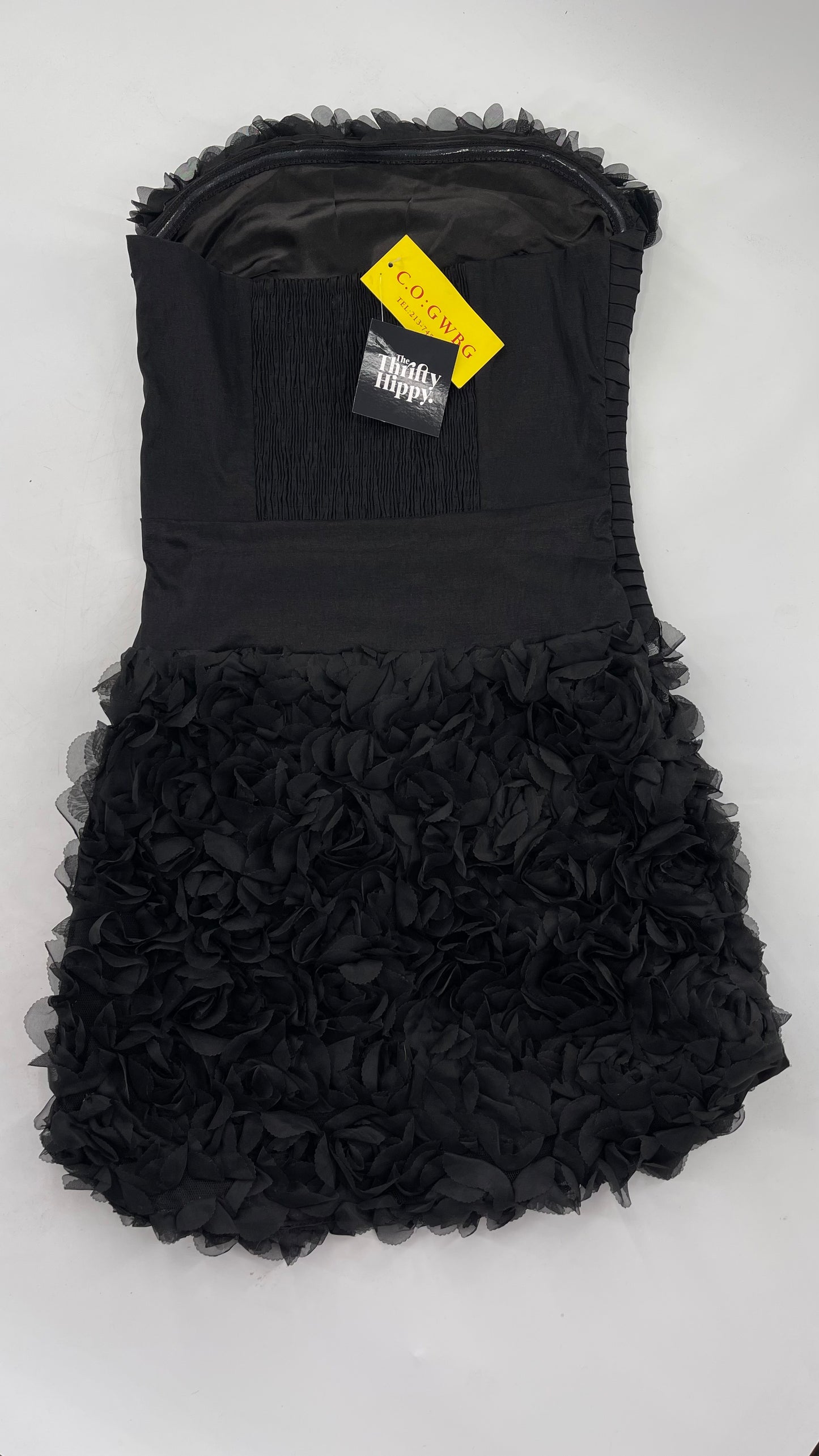 C.O:GWBG Black Dress with Pleated Bodice, Floral Ruffled Skirt and Bedazzled Bustline (S/M)