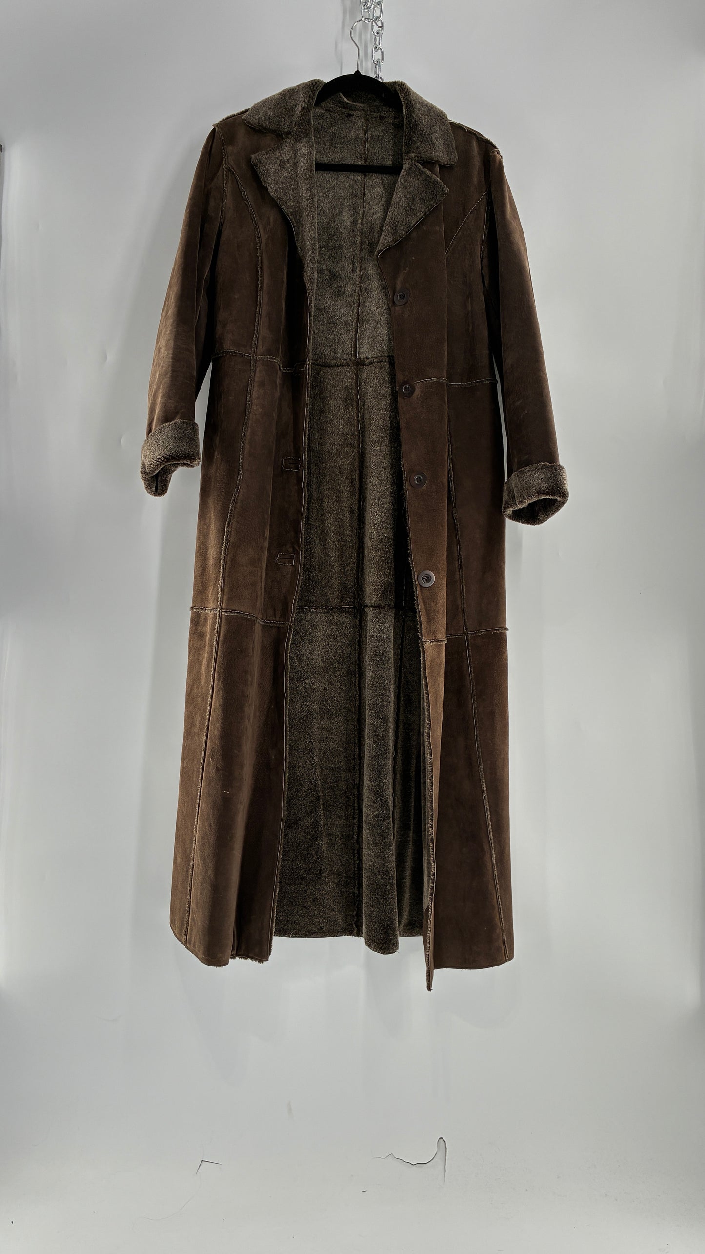 Vintage WINLIT Brown Full Length Paneled Suede Leather Coat (Small)