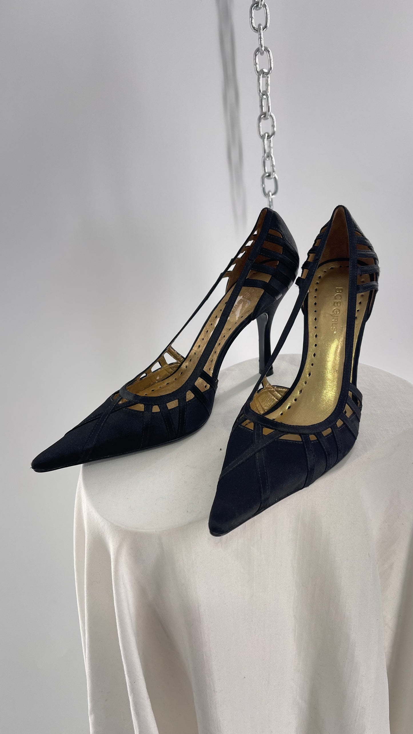 Vintage BCBGirls Black Satin Pointed Toe Heel with Strap Detailing (9.5)