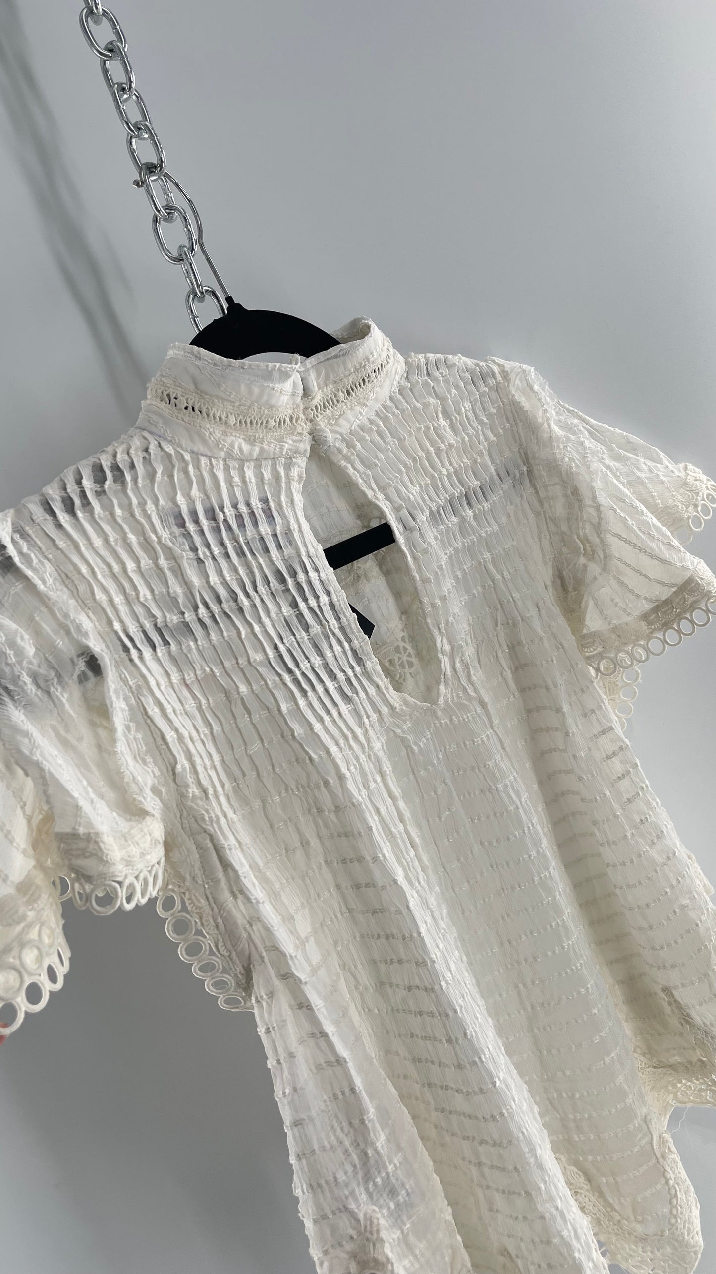 Kimchi Blue White 68% Viscose 32% Cotton Romantic Blouse with High Neck, Textured Body, and Scalloped Lace Hem and Sleeves (Small)