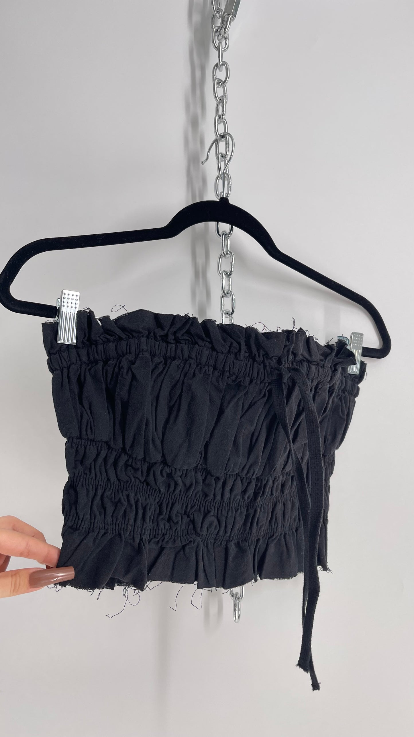 Free People Black Cotton Ruched Tank with Bow Bustline and Tags Attached (XS)
