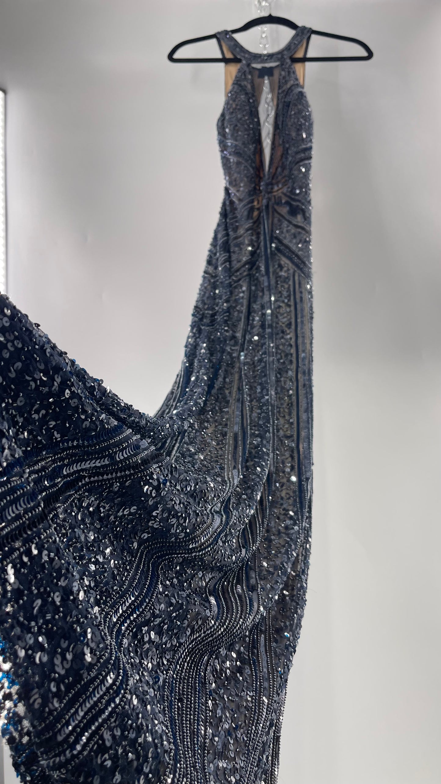 Vintage SCALA Navy Blue Beaded Floor Length Gown with Plunging Neckline, Backless Detail, and Tan Underlay (C)(4)