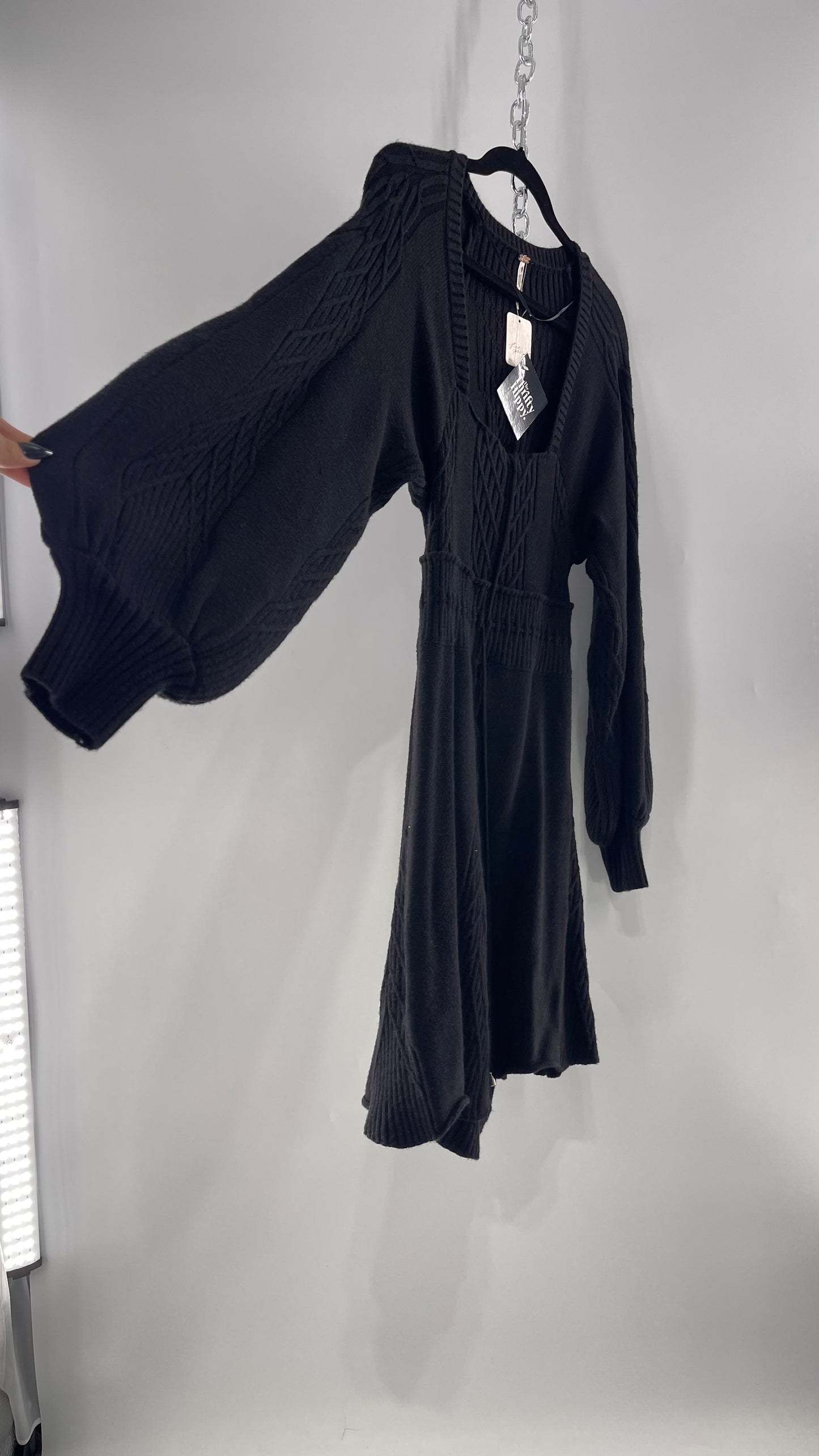 Free People Emmaline Black Heavy Knit Cableknit Bust with Tie Waist and Oval Back Cut Out Mini Dress(Small)