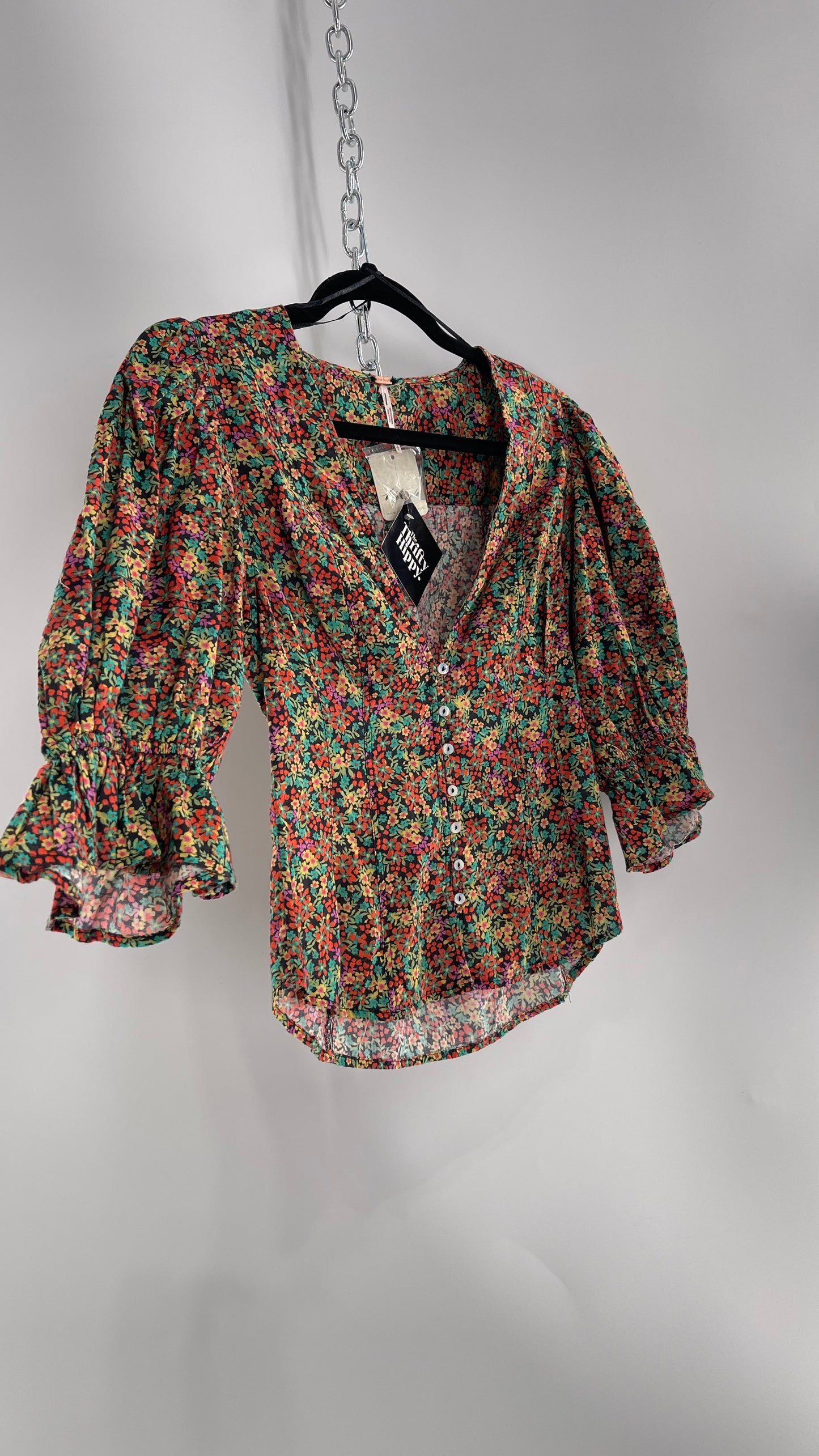 Free People 100% Cotton Colorful Florals Blouse with Deep V, Puff Sleeves, Button Front, and Tags Attached (Small)