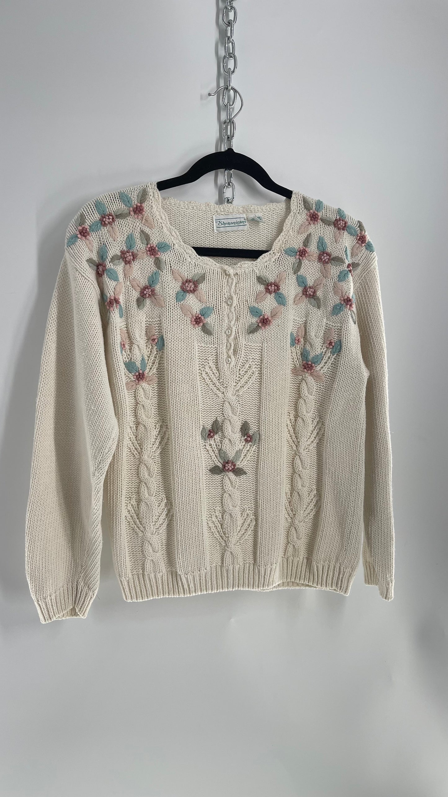 Shenanigans 55% Ramie45% Cotton Embroidered Off White Knit Sweater (Medium)