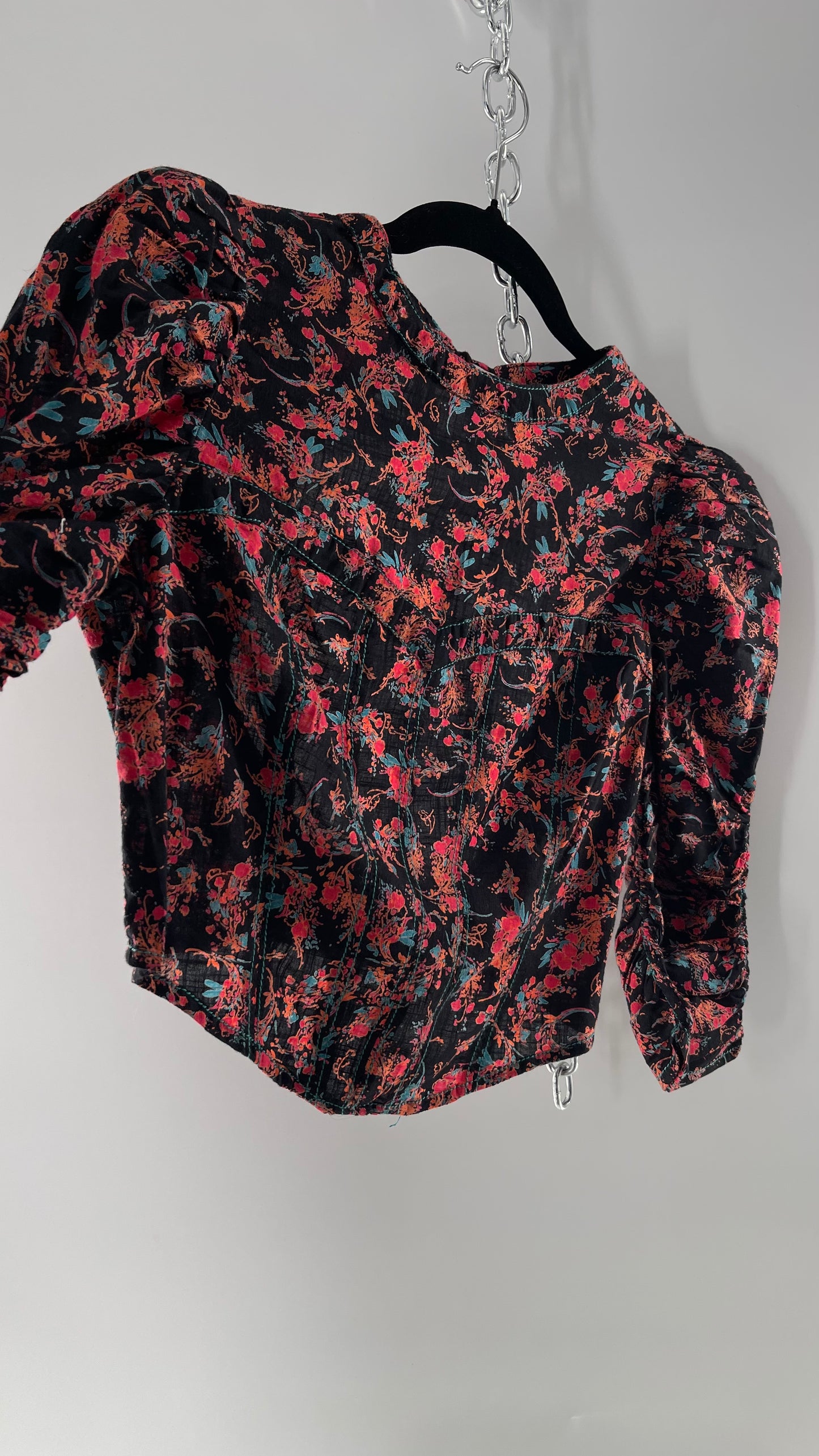 Free People Black Corset-esque Crop Top with Open Back and Ruched Sleeves (XS)