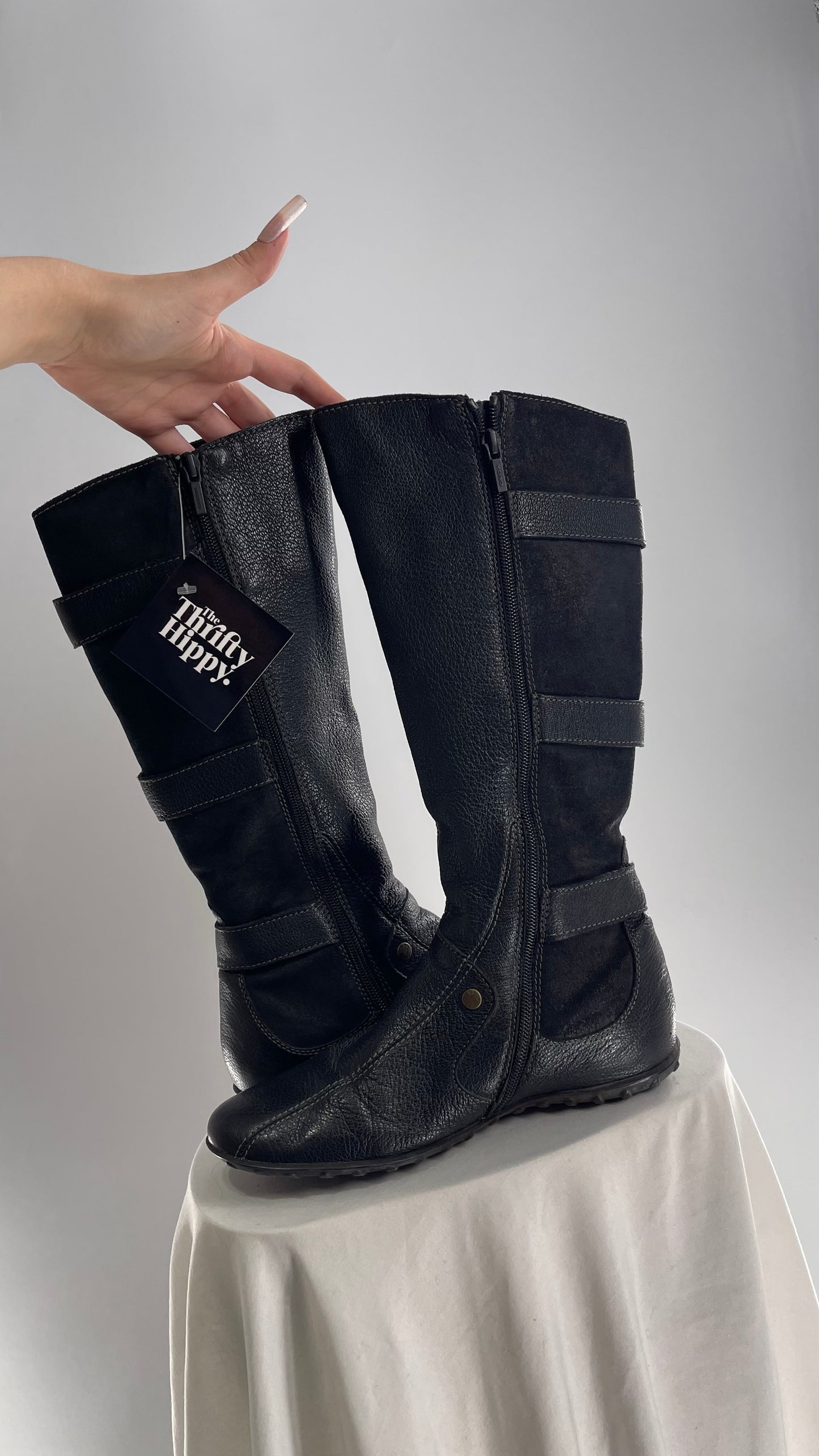 GEOX Black Leather Buckle Knee High Boots