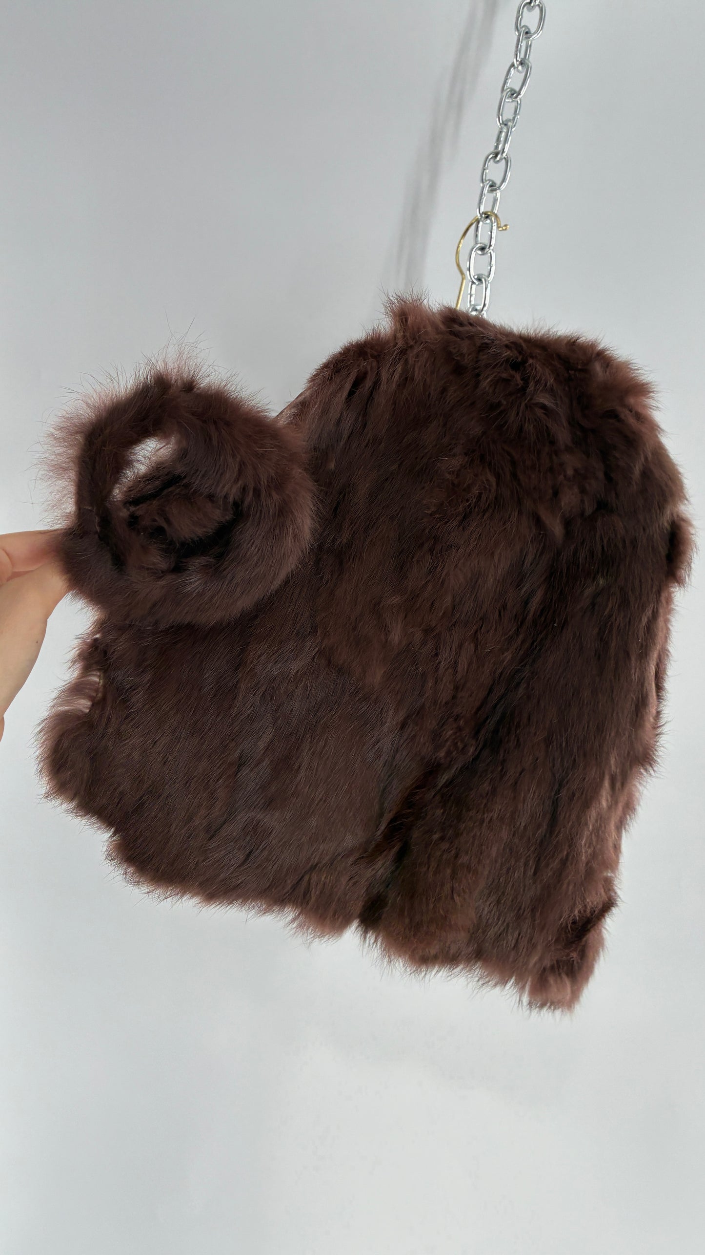 Vintage CAROLINE 100% Rabbit Fur Brown Shrug Cape with Oversized Round Buckle (One Size)