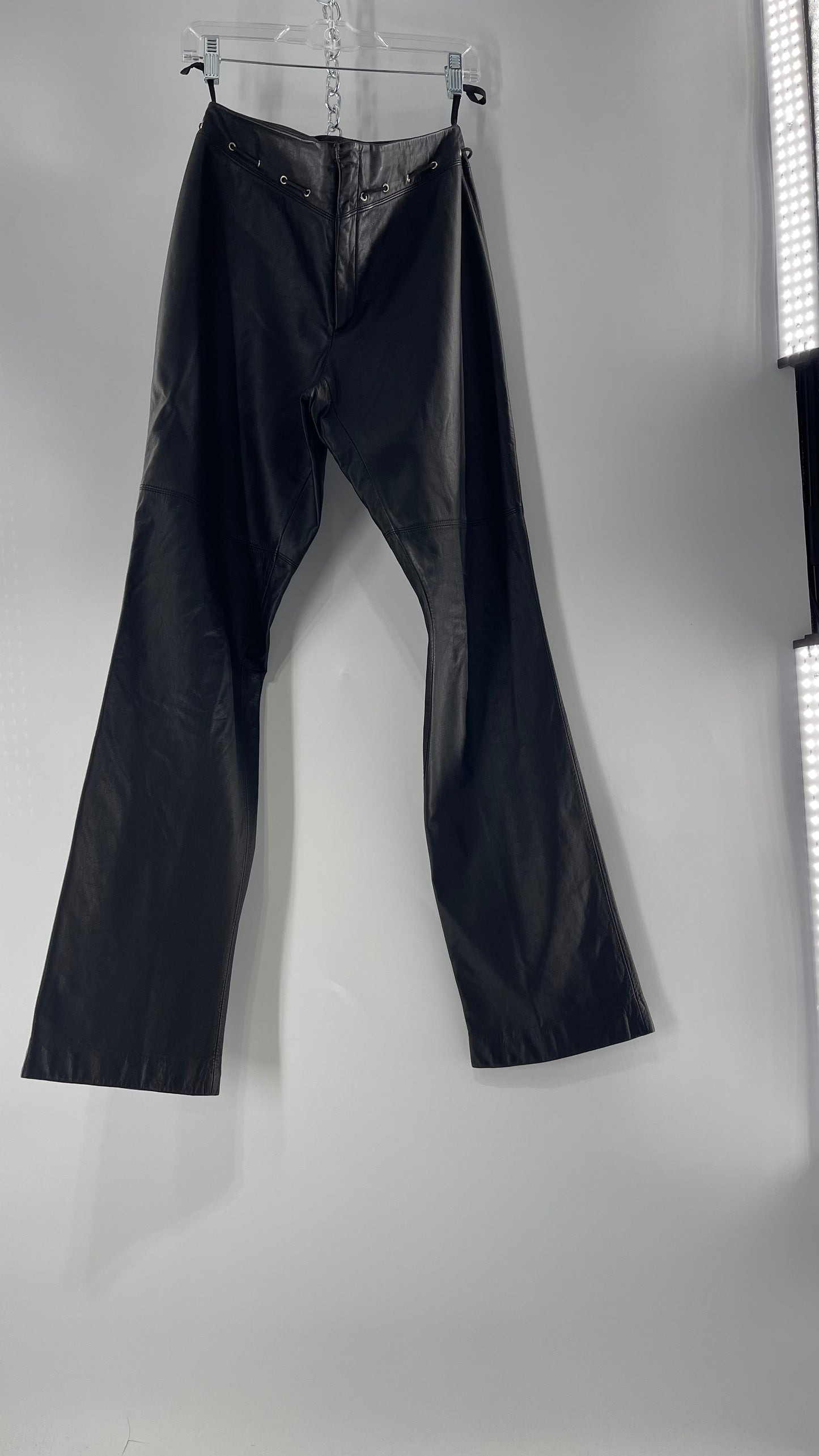 Vintage 90s RALPH Ralph Lauren Thin Leather Pants with Thread Through Grommet Detail on Waistline (4)