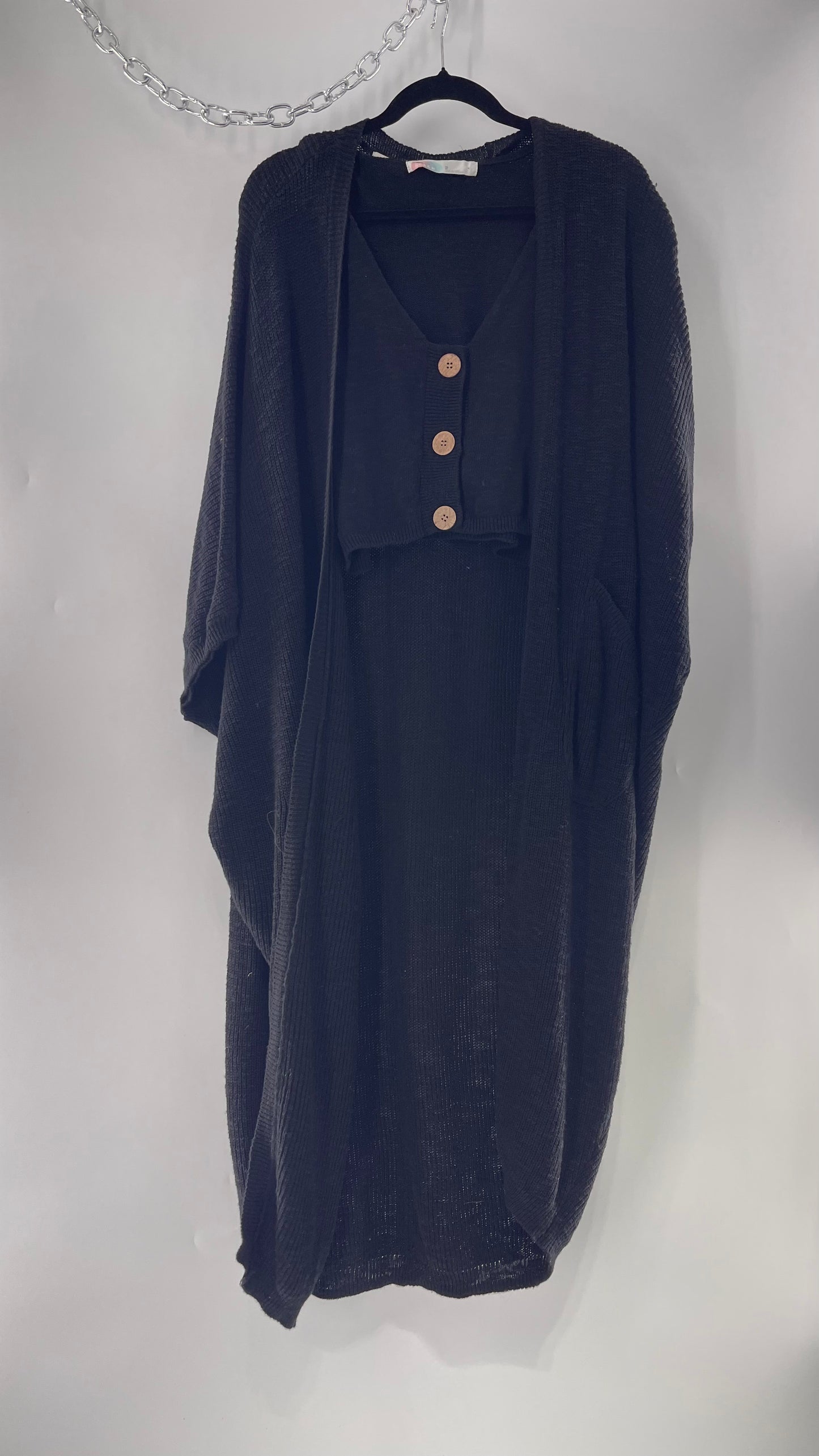 Free People Kai 3 piece Black Knit Cardigan, Tank, Shorts Set with Extra Button Never Worn (Medium)
