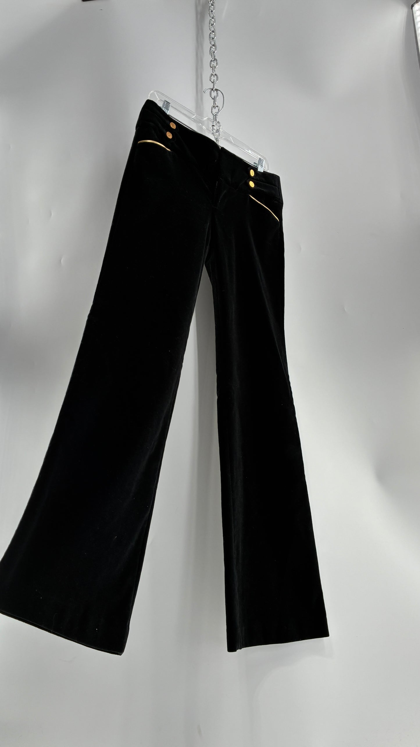 Vintage Alice + Olivia Thick Black Velour Low Rise Kickflare Pants with Thick Waistband with Gold Coin Detailing (6)