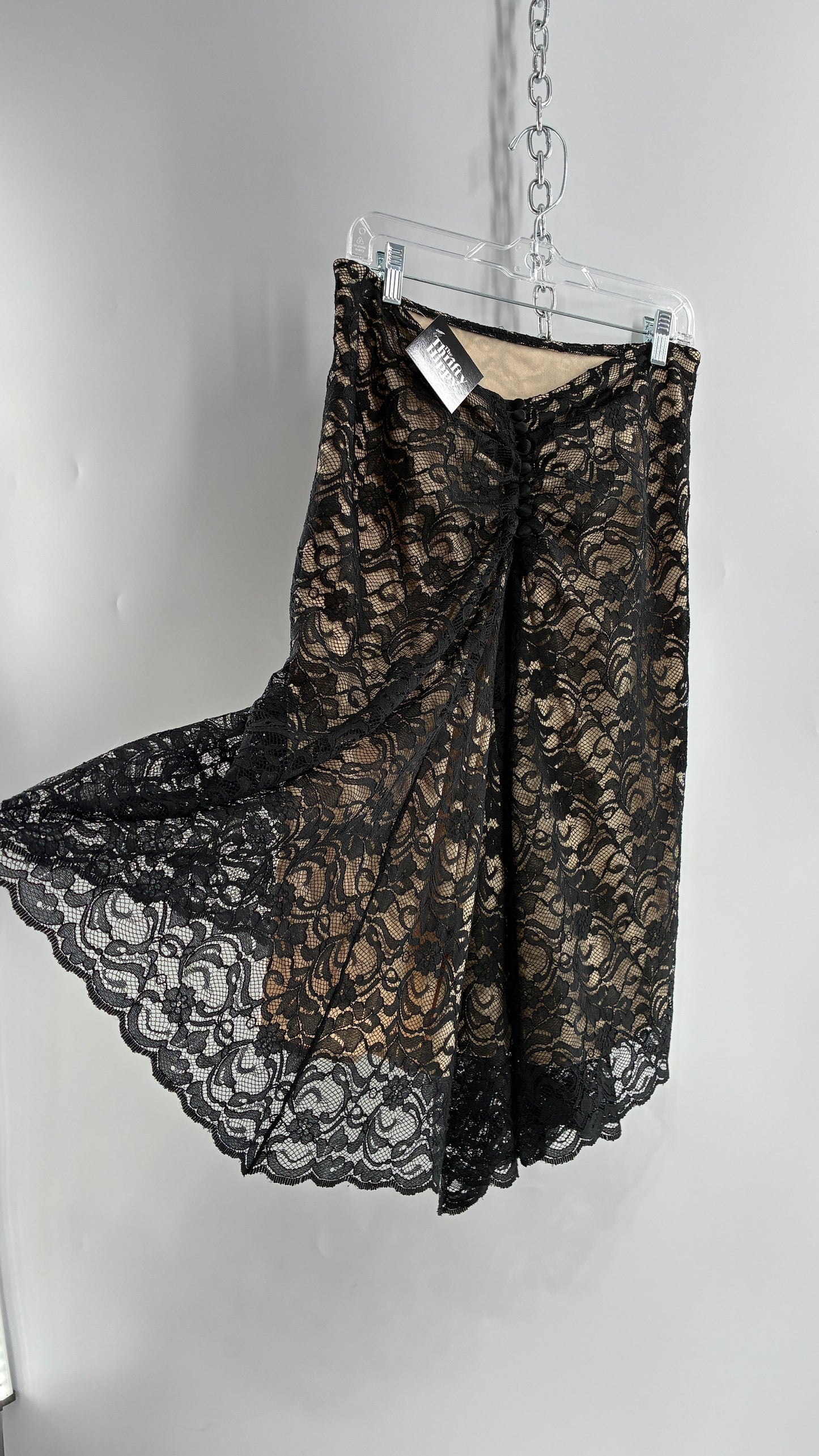 Vintage HEART MOON STARS Black Lace Overlay + Nude Underlay Skirt with Low Wired Back, Ruched Bum, and Button Down Back(8)
