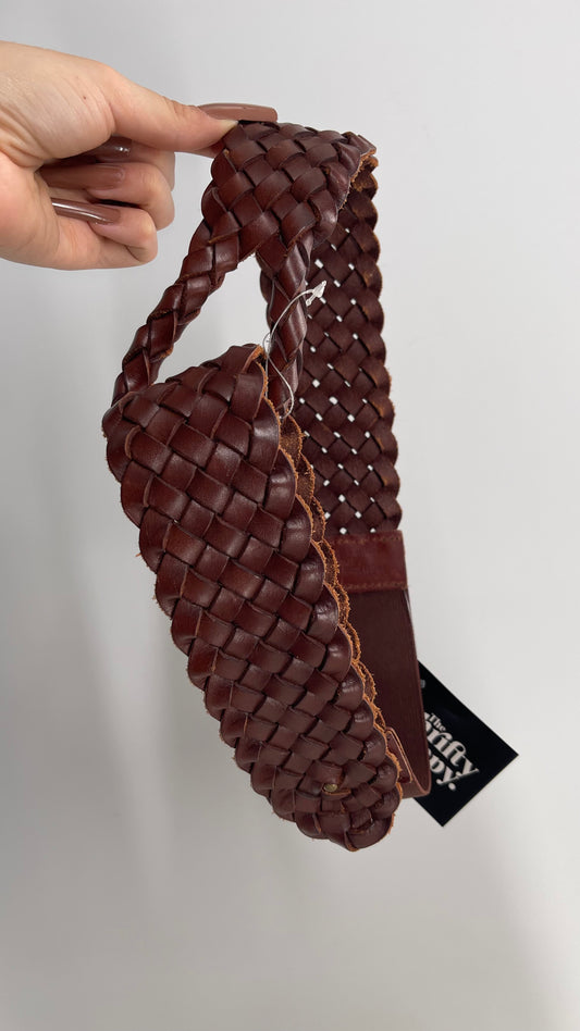 Brown Genuine Leather Woven Braided Wide Belt (Small)