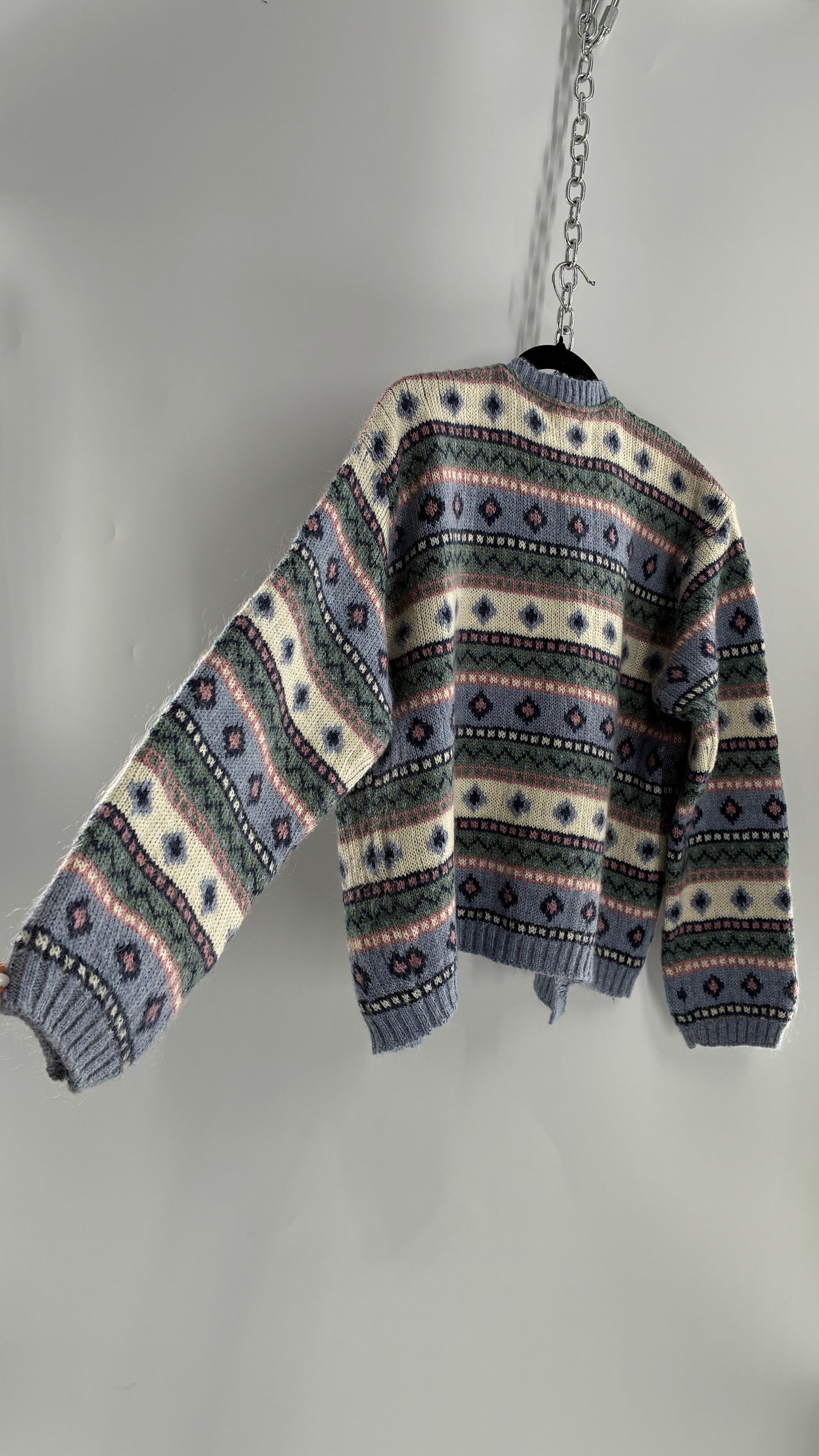 Vintage LL Bean 25% Mohair Striped Knit Blue Green Pink Cardigan (XL)