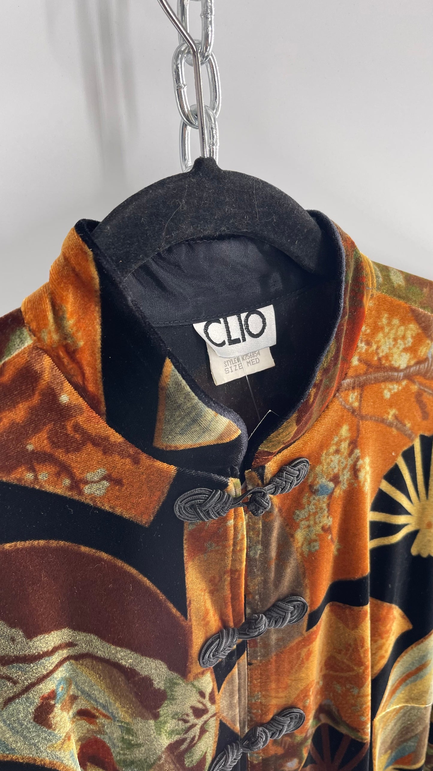 Vintage CLIO 1990s Black Velvet/Velour Fan Patterned Duster Coat (Medium)
