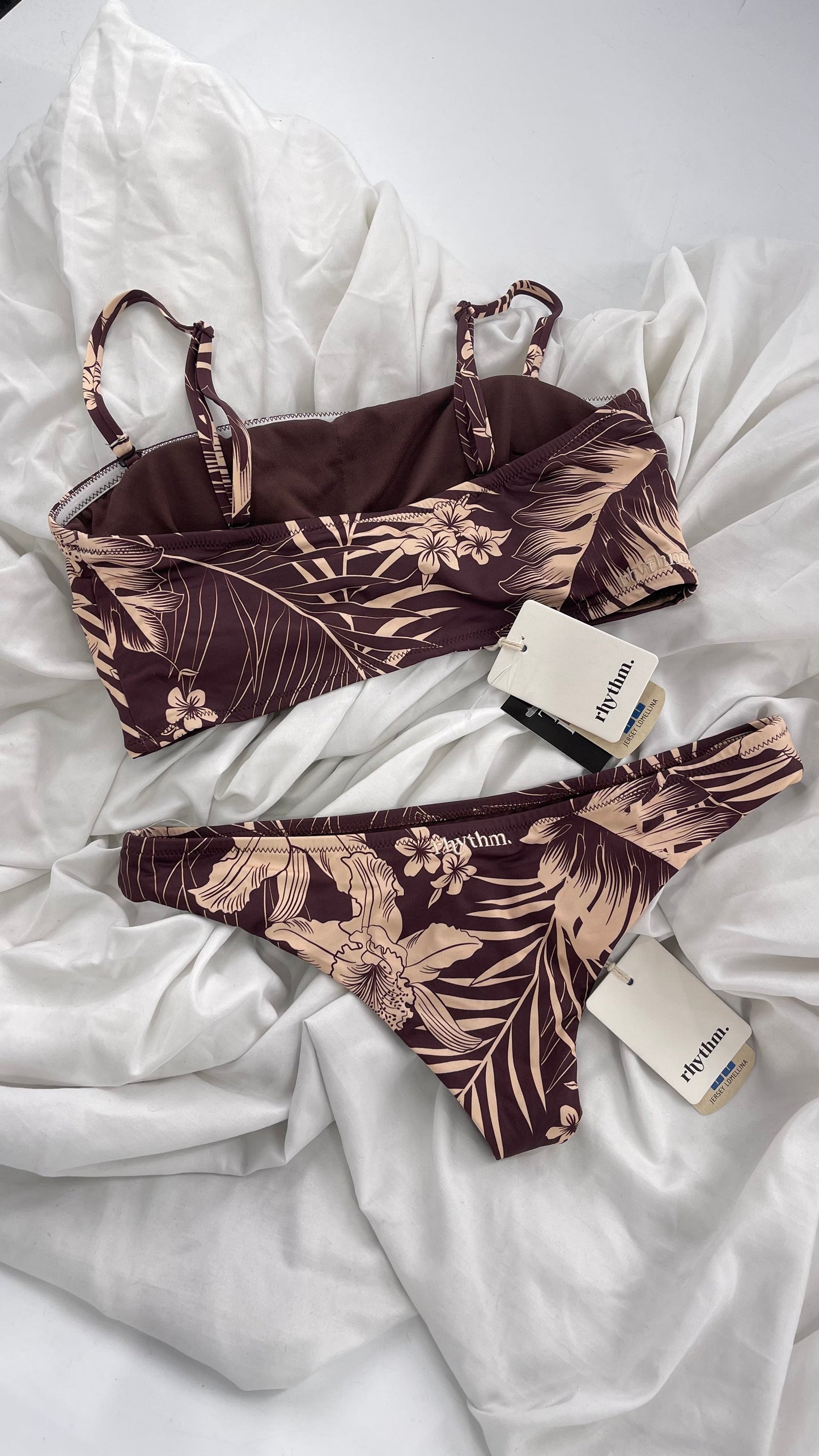 RHYTHM Brown and Beige Tropical Palm Patterned Swim Set with Tags Attached (Medium)
