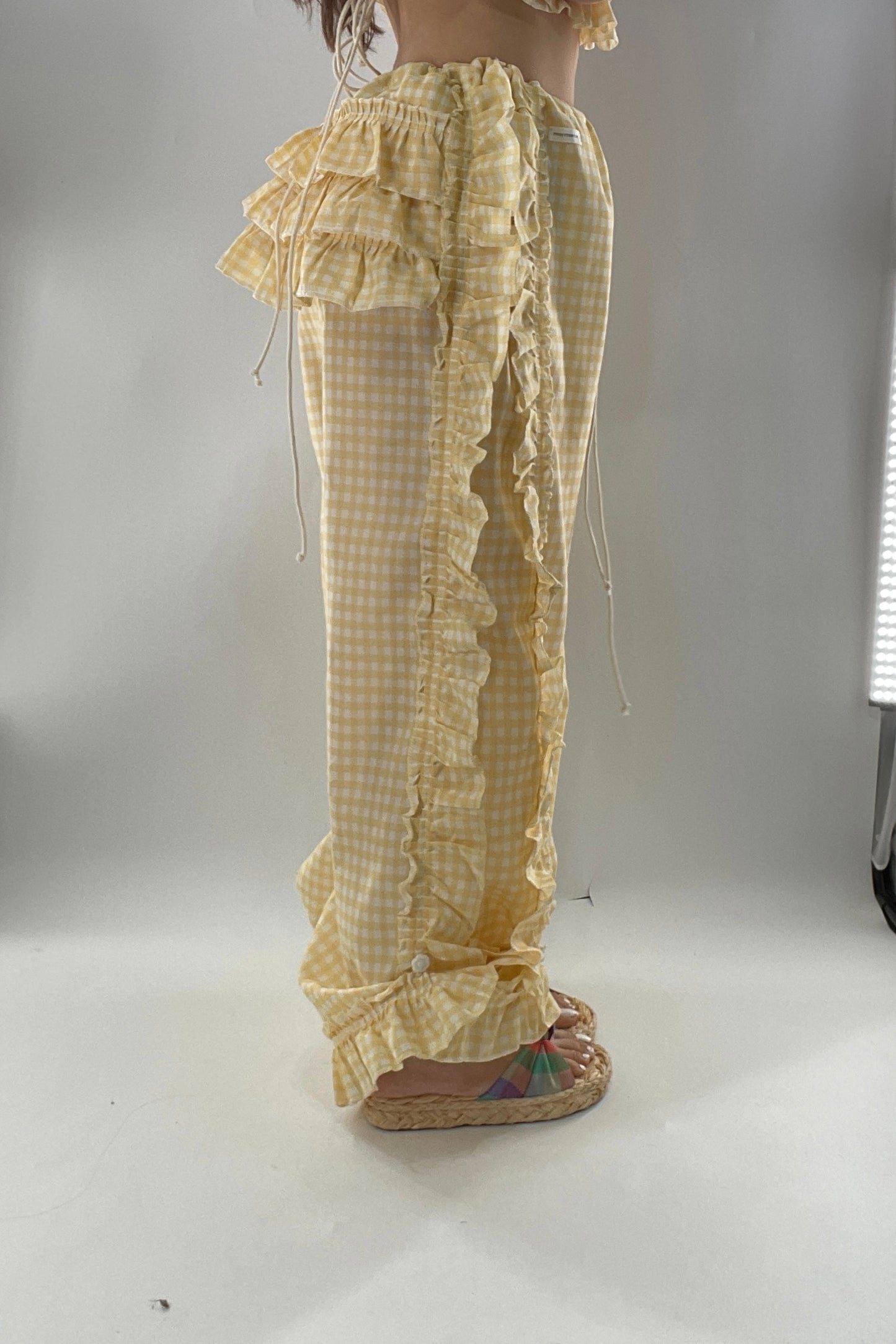 Vintage 2 Piece Yellow Checkered/Gingham Patterned Picnic Set with Ruched Bust Top and Ruffle Side Wide Legs with Adjustable Length, Strap Up Buttons on Hem (One Size)