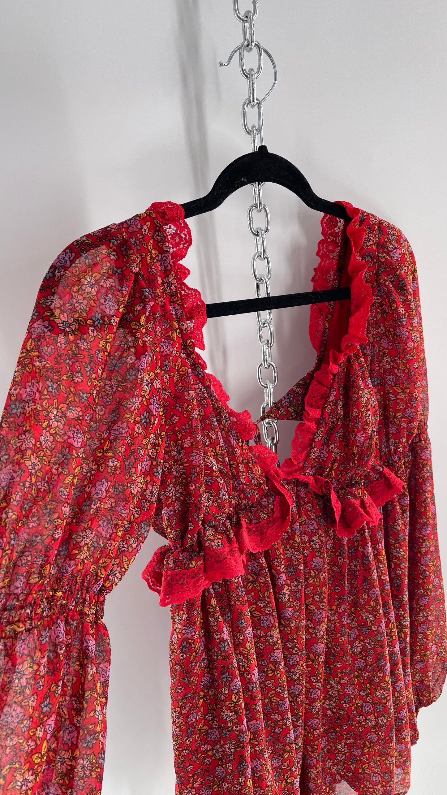 Free People Red Floral Mini Dress with Lace Trim, Open Back and Balloon Sleeves (Small)