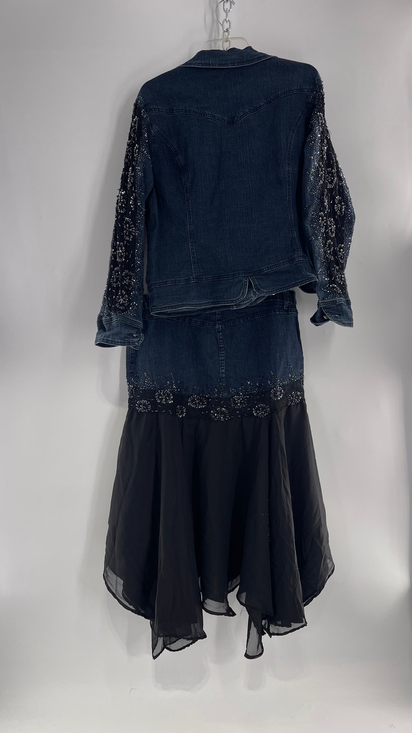 Vintage Ashley Stewart Denim Skirt and Button Up Set with Black Embroidered and Beaded Lace Details + Handkerchief Skirt (16W)