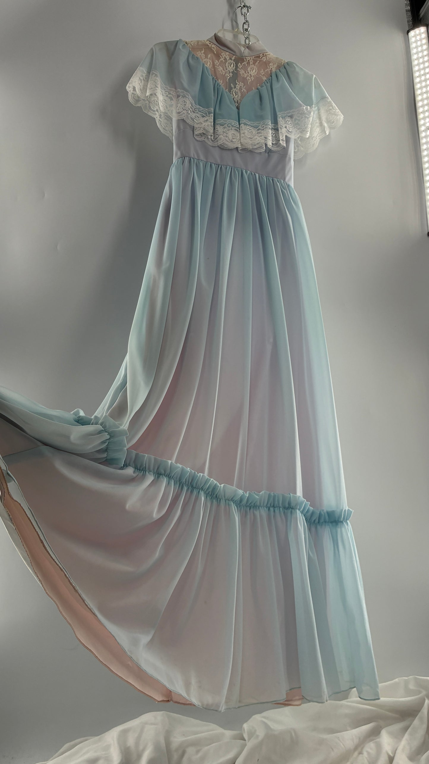 Vintage Handmade 1960s Powder Blue Overlay, Lilac Underlay Gown, Prairie Wedding Dress