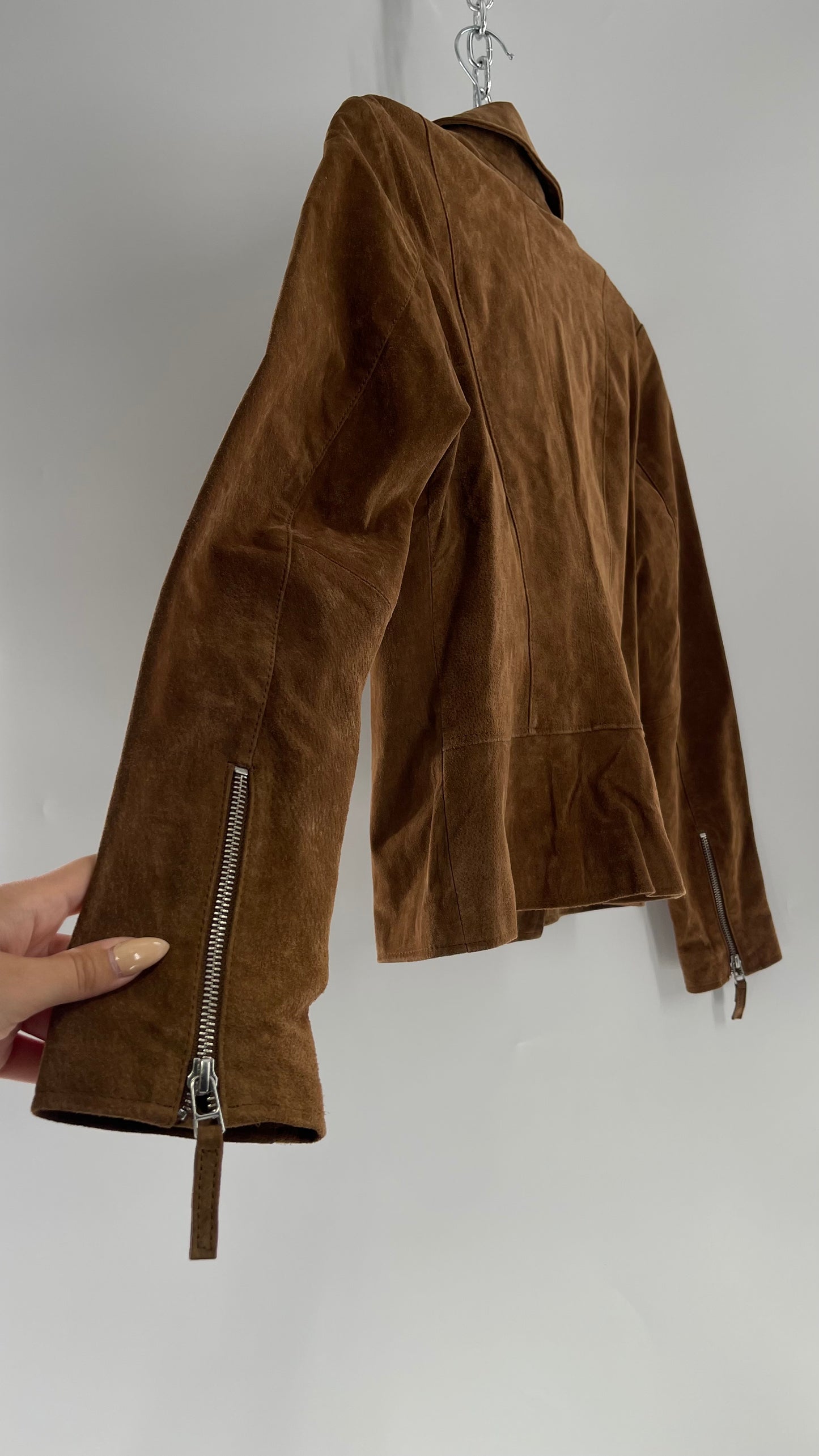 Vintage ESCALIER Brown Genuine Leather Suede Motorcycle Jacket with Heavy Duty Zippers (Medium)