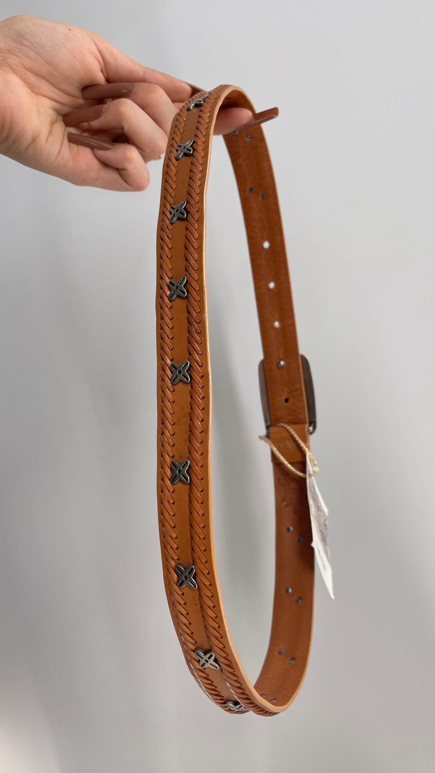 Vintage Calvin Klein Engraved Buckle, Woven Leather Rodeo Belt (Small)
