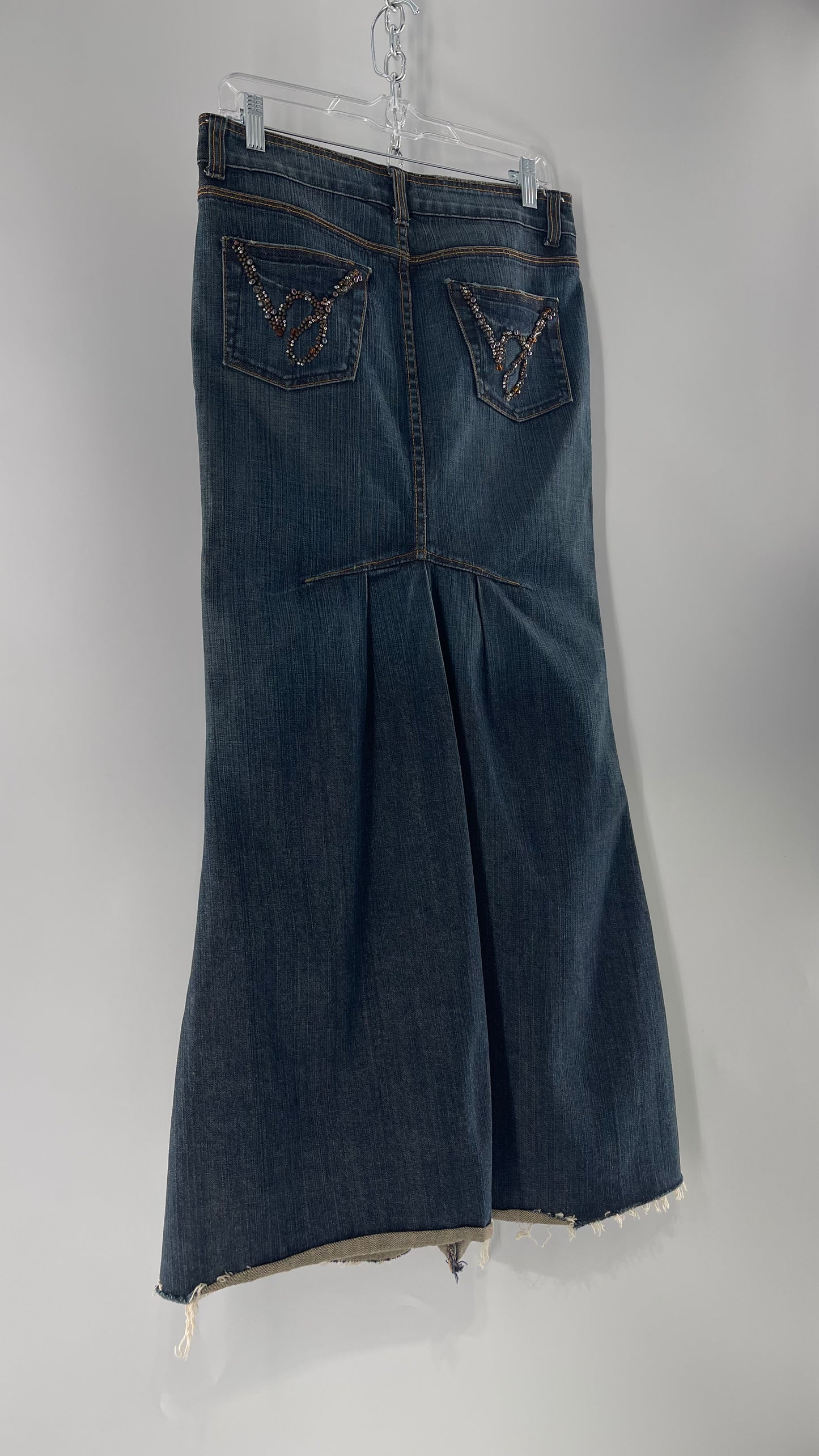 Vintage Stonewash Bebe Denim Long Skirt with Raw Edge Hem and Beaded Back Pocket Detail (27)