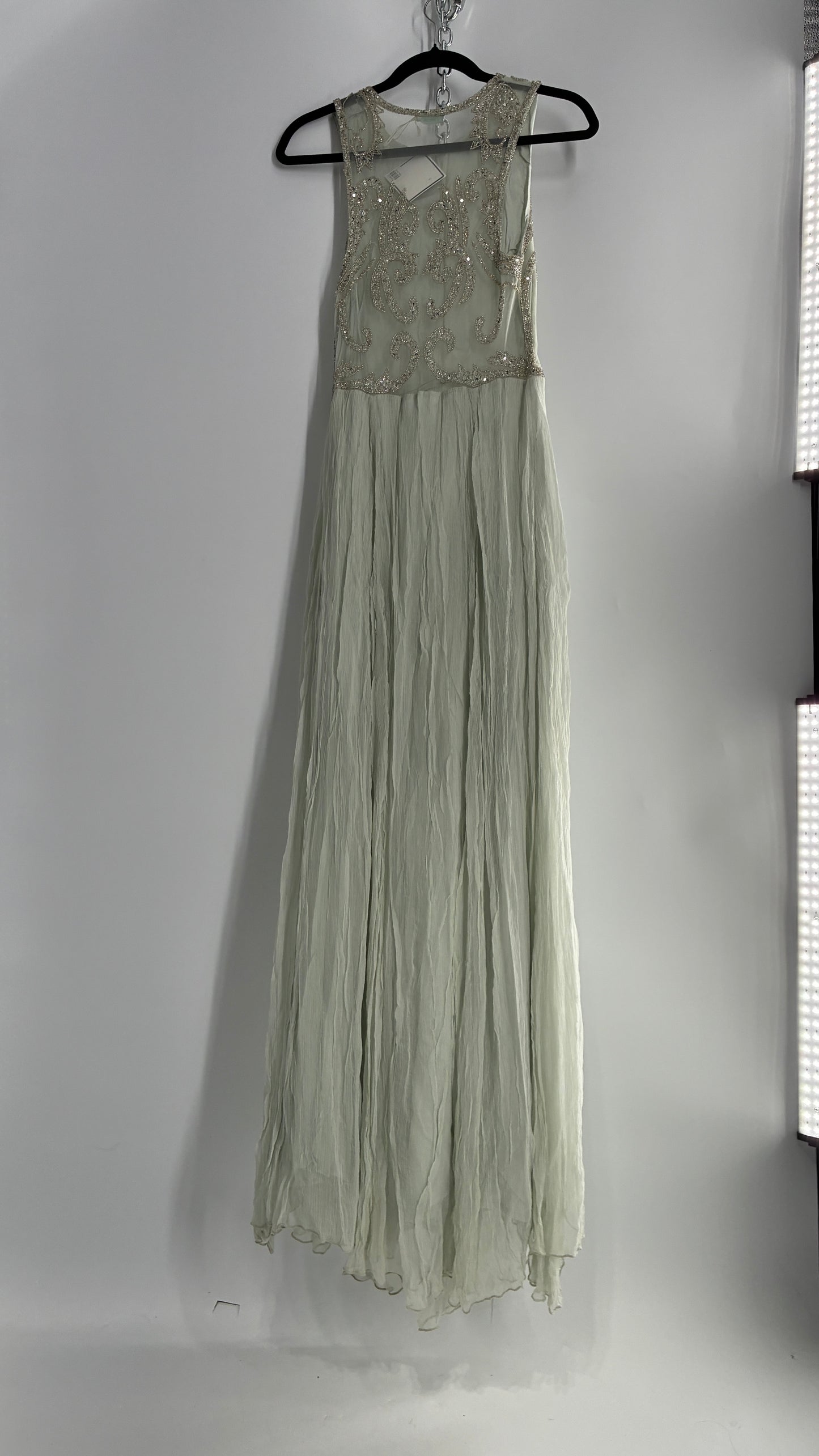 KIMCHI BLUE Light Greyish Seafoam Green Crimped Gown with Beaded Bodice and Sheer Back (2)
