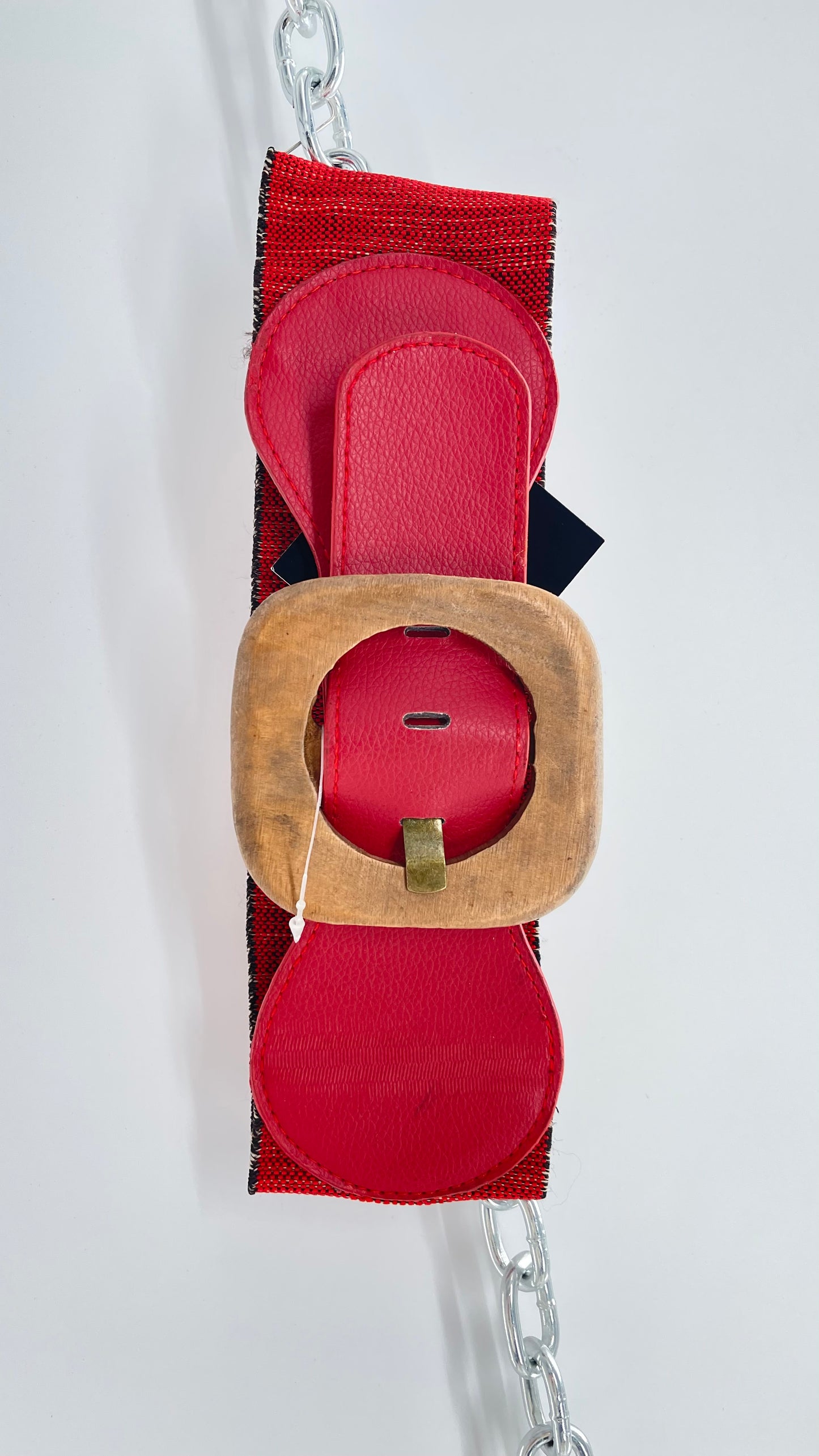 Vintage Red Leather Scrunch/Elastic Wooden Buckle Belt (XS/S)