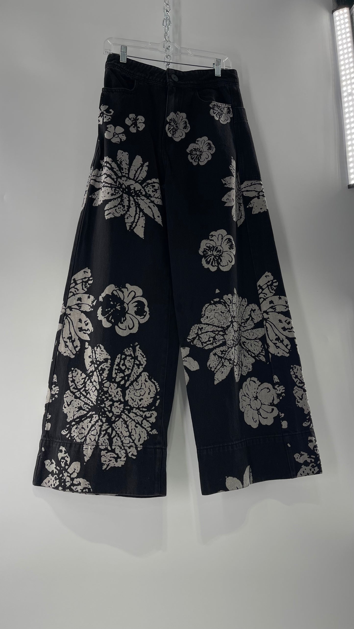 Free People Black Wide Leg Jeans with White Hibiscus Floral Design (29)