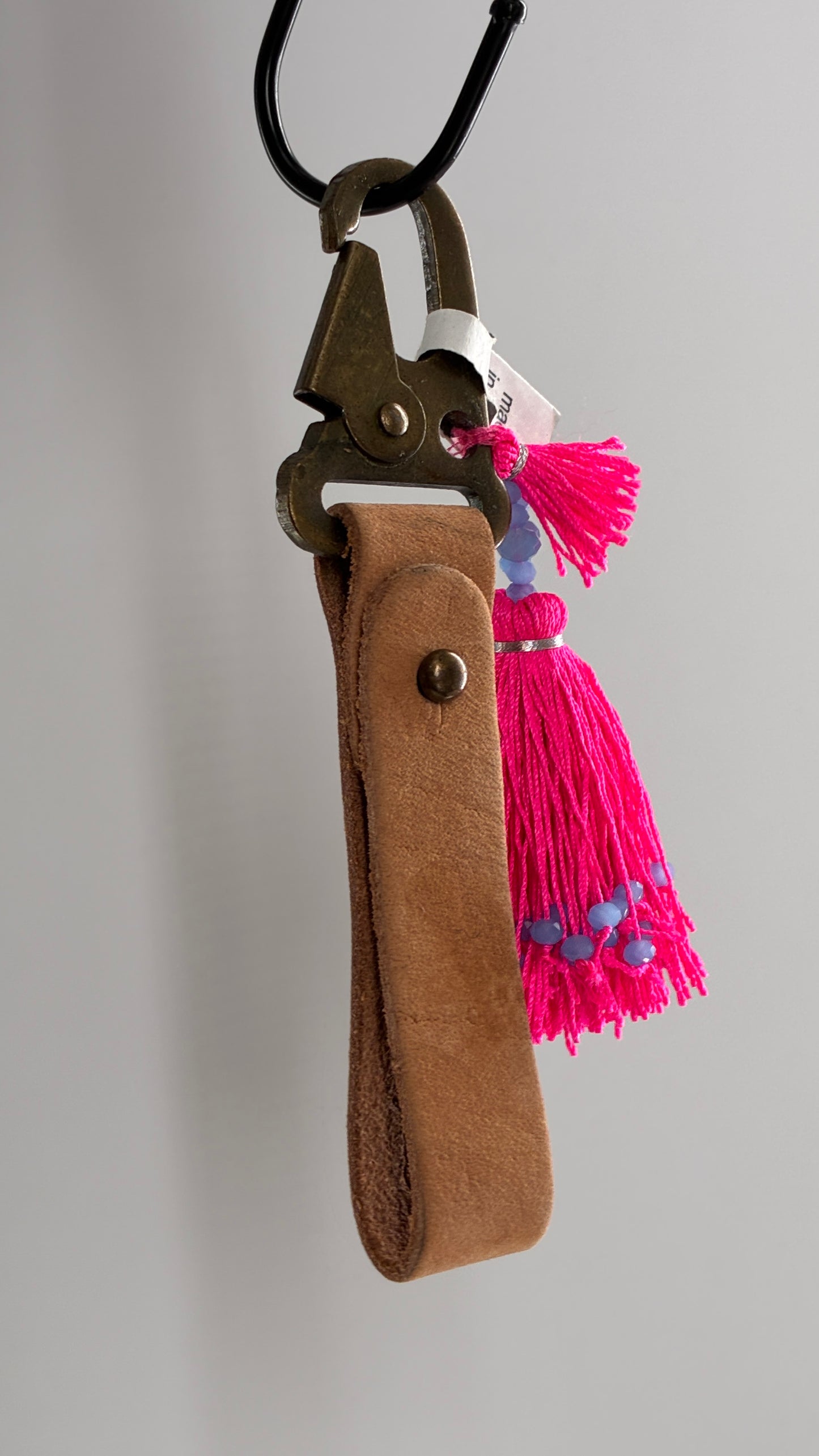 Free People Leather Wristlet Keychain with Neon Pink Beaded Tassel
