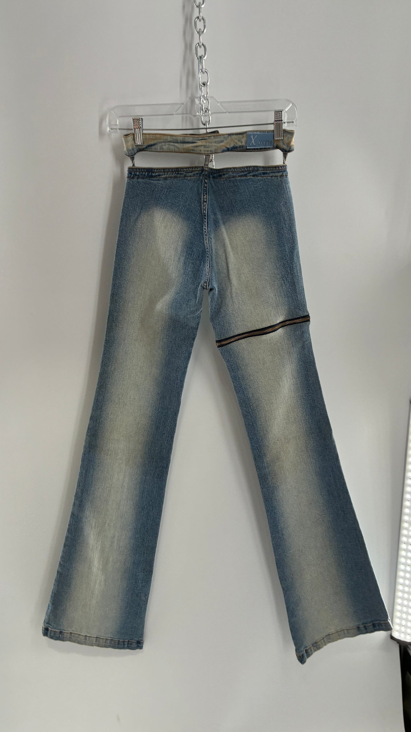 Vintage XCESO JEANS Rare Faded Double Waistband Kickflare Jeans with Functional Zipper Details (Medium*)