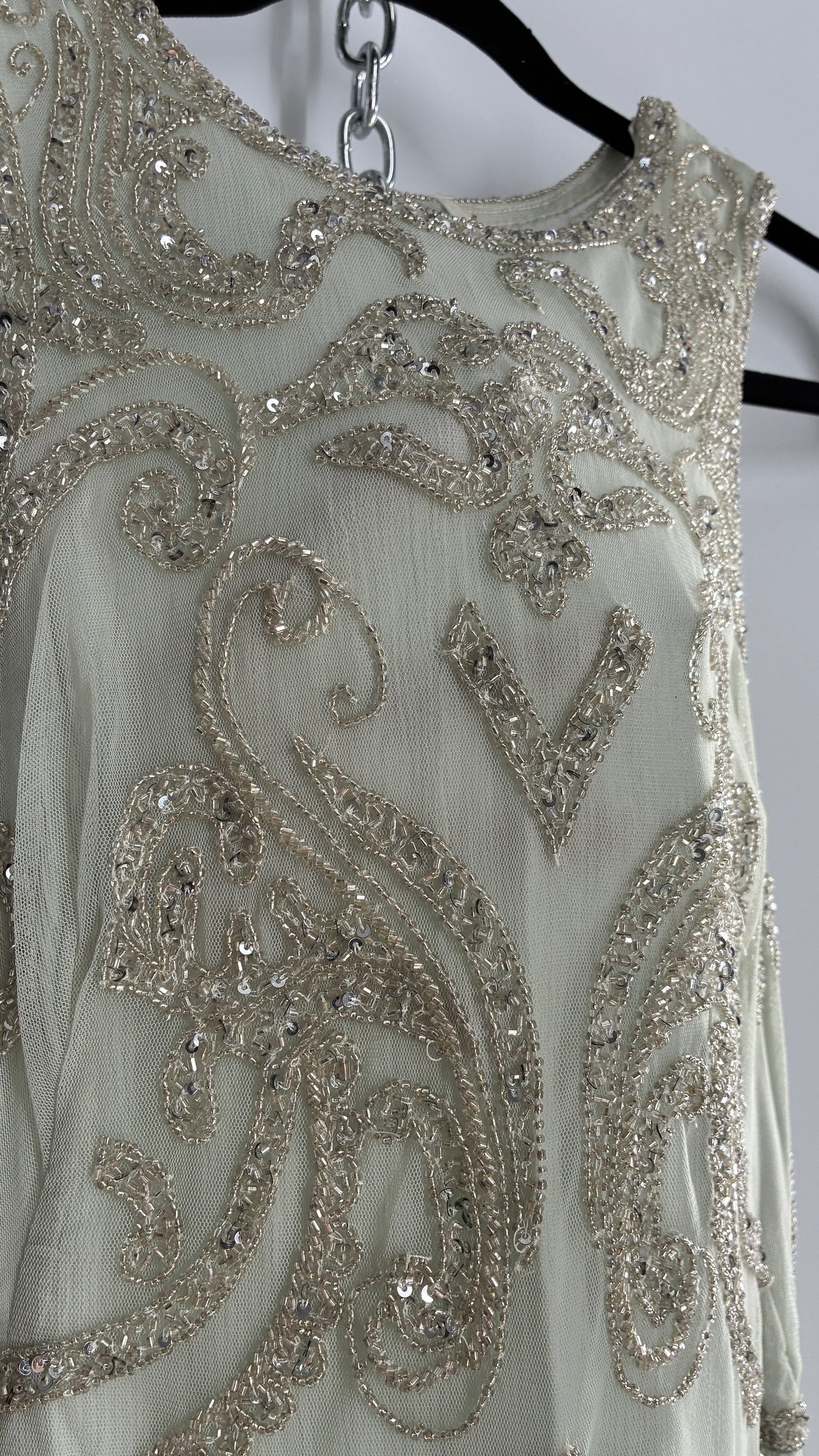 KIMCHI BLUE Light Greyish Seafoam Green Crimped Gown with Beaded Bodice and Sheer Back (2)