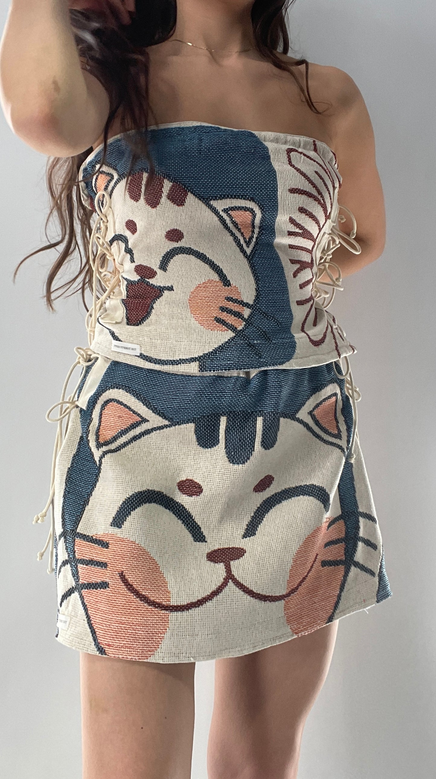 Vintage Tapestry Kitty 2pc Set with Adjustable Corseted Top and Adjustable Corseted Micro Skirt (S-L)