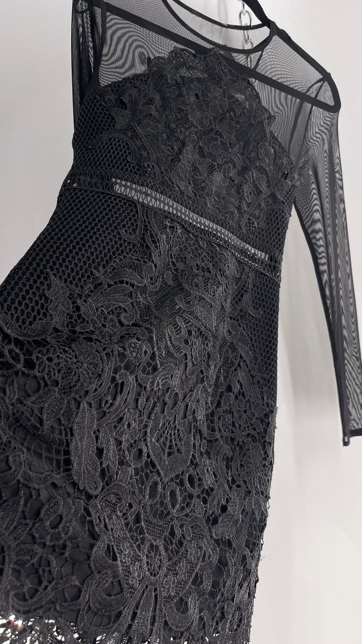 Mesh + Thick Lace Appliqué Mini Dress with Sheer Open Back (Small)