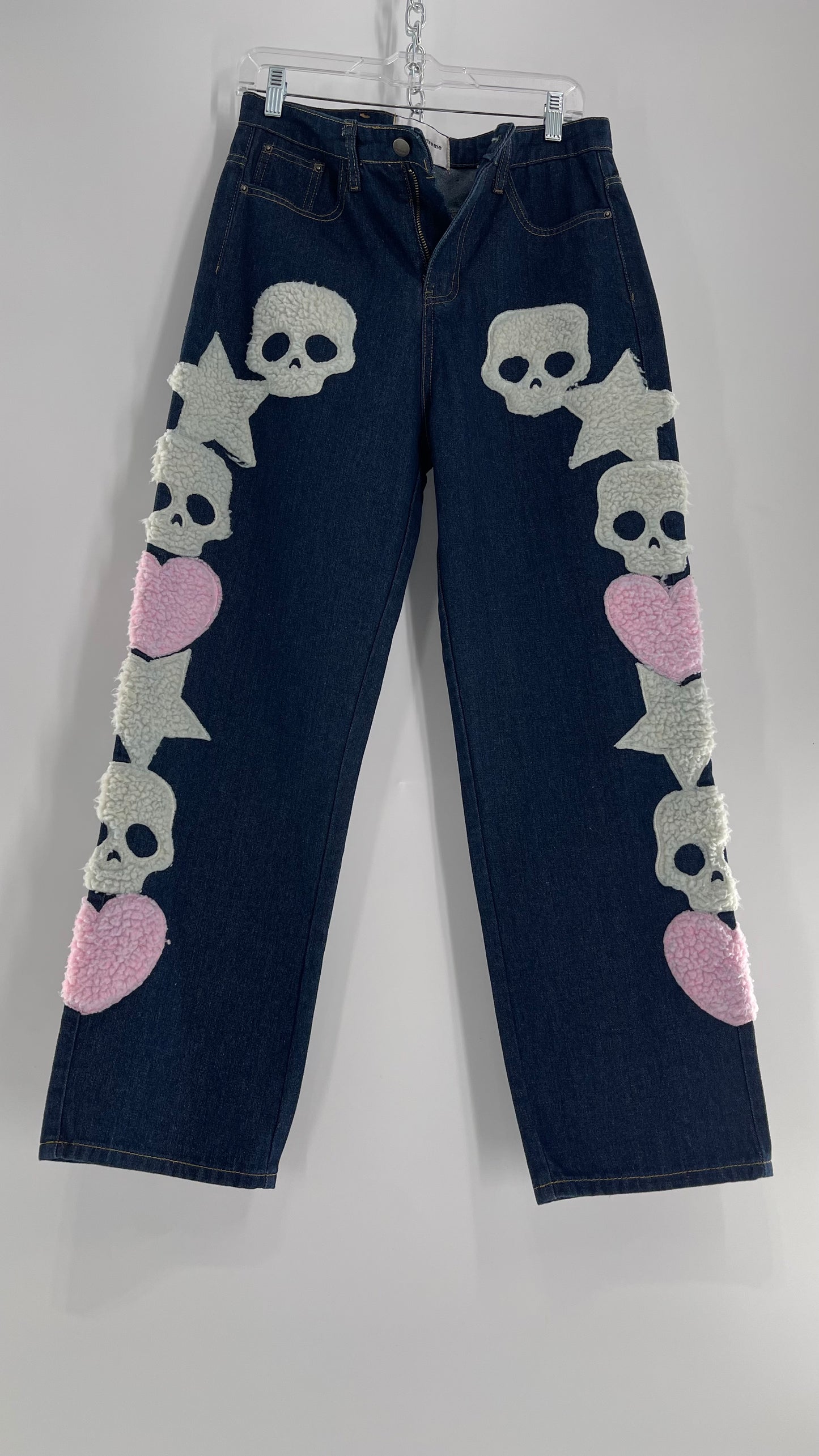 MadeExtreme Dark Wash Denim with Skull/Heart Patches and Bum Embroidery (Medium 8)