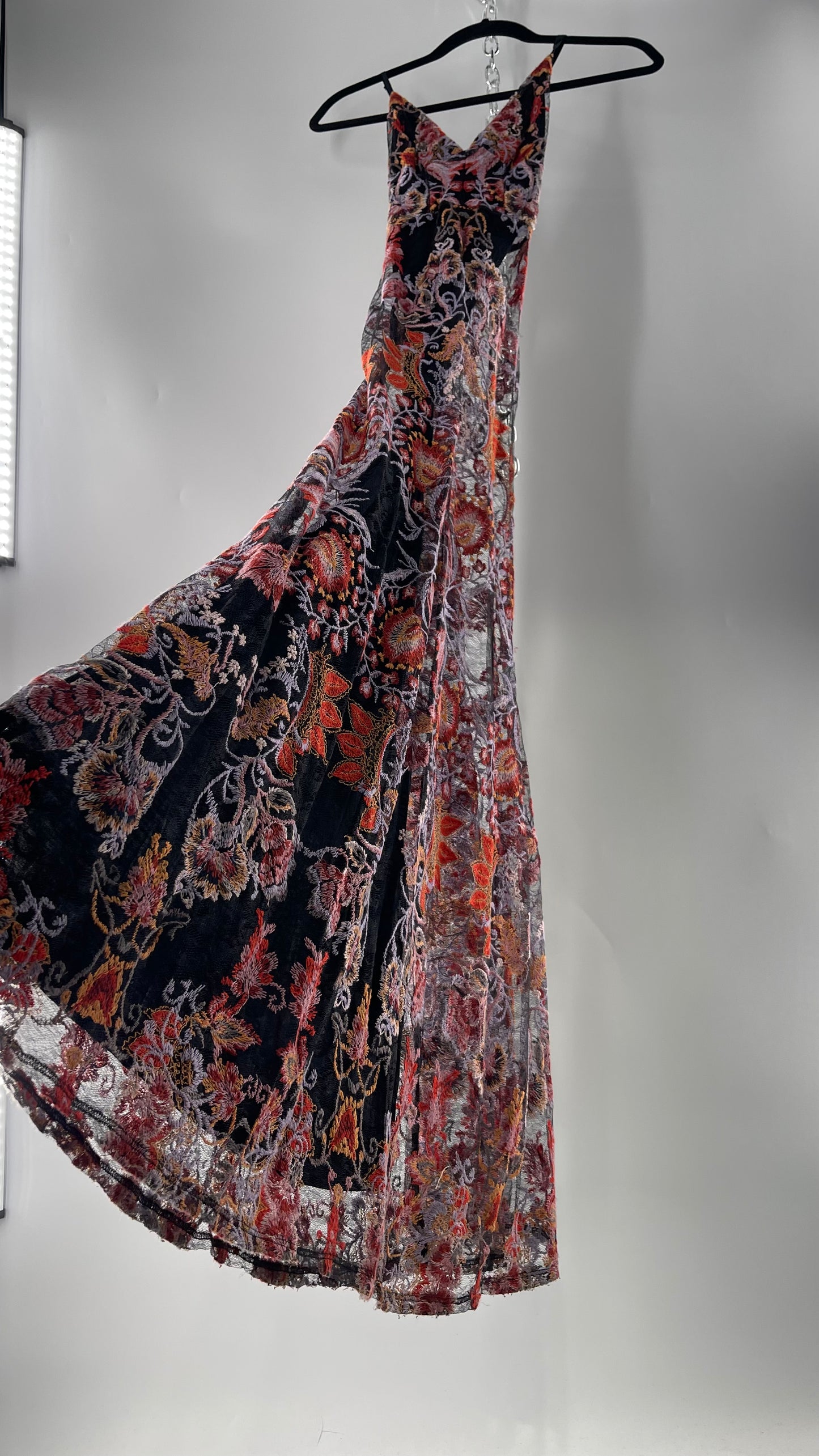 Free People Black Fall Toned Floral Embroidered Tule Sleeveless Maxi Dress (2)