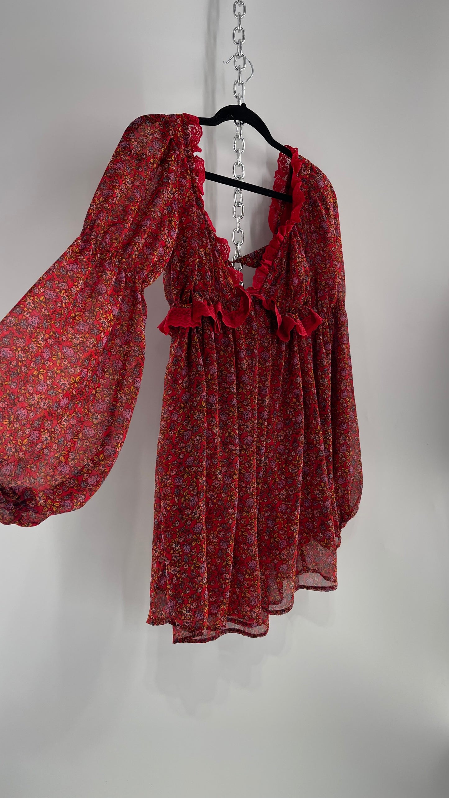 Free People Red Floral Mini Dress with Lace Trim, Open Back and Balloon Sleeves (Small)