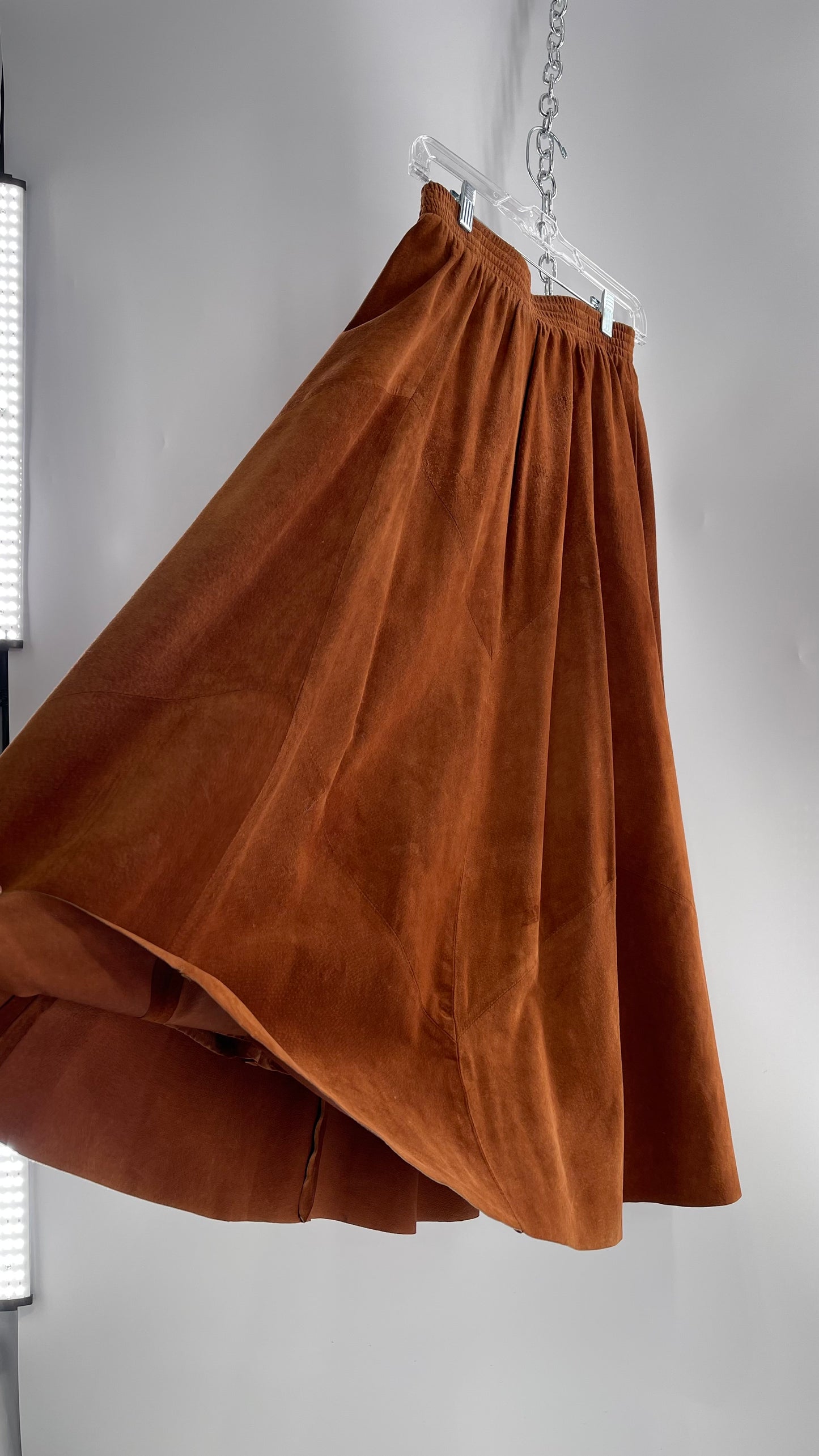 Vintage Brown Leather Suede Paneled Voluminous Skirt Assembled in Mexico (S)