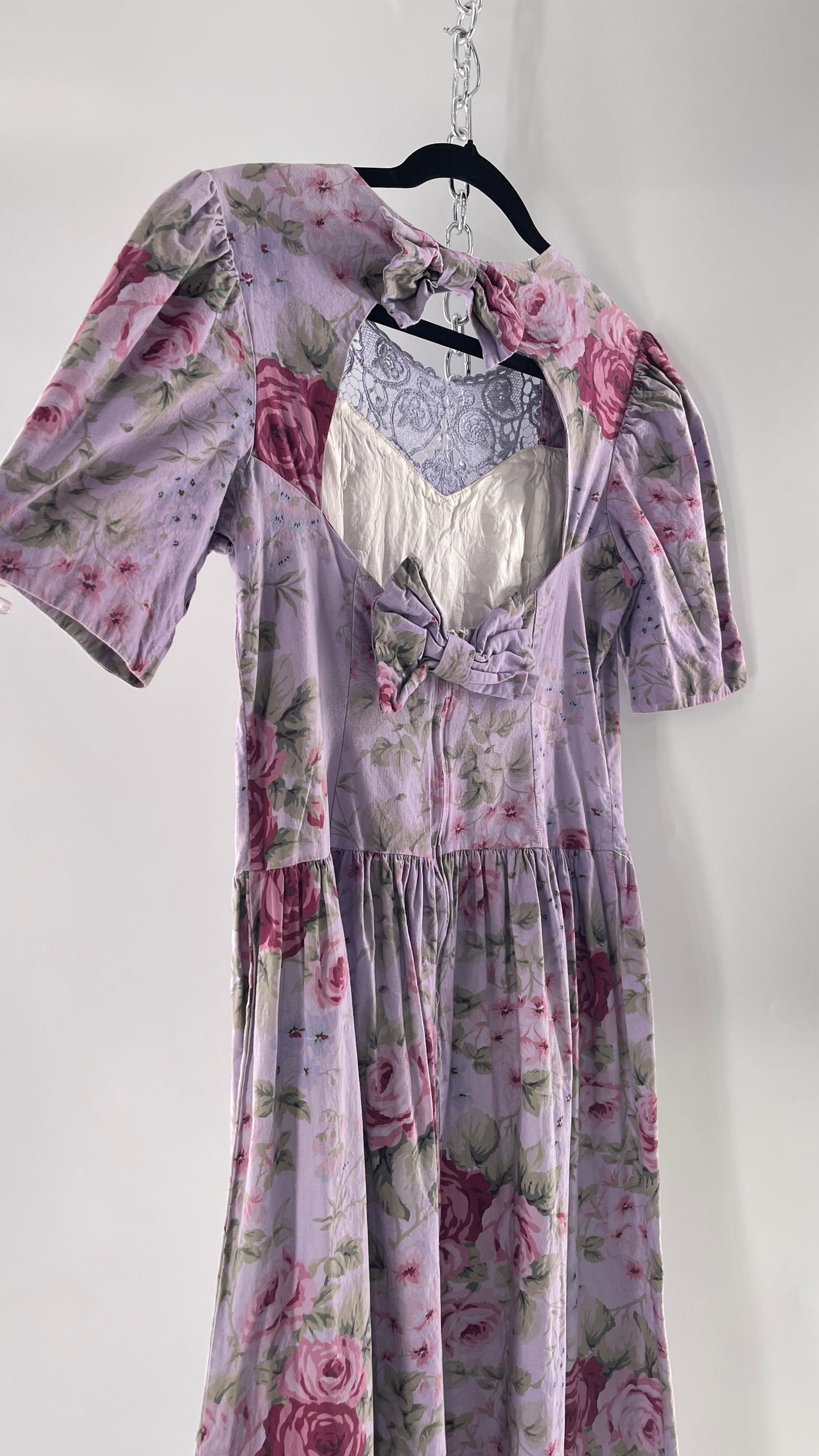 Vintage Urban Renewal Reworked and Upcycled Misty Lane Lilac/Lavender Floral Fit/Flare Dress with Sweetheart Neckline, Lace Detail and Bow Adorned Open Back (11/12)
