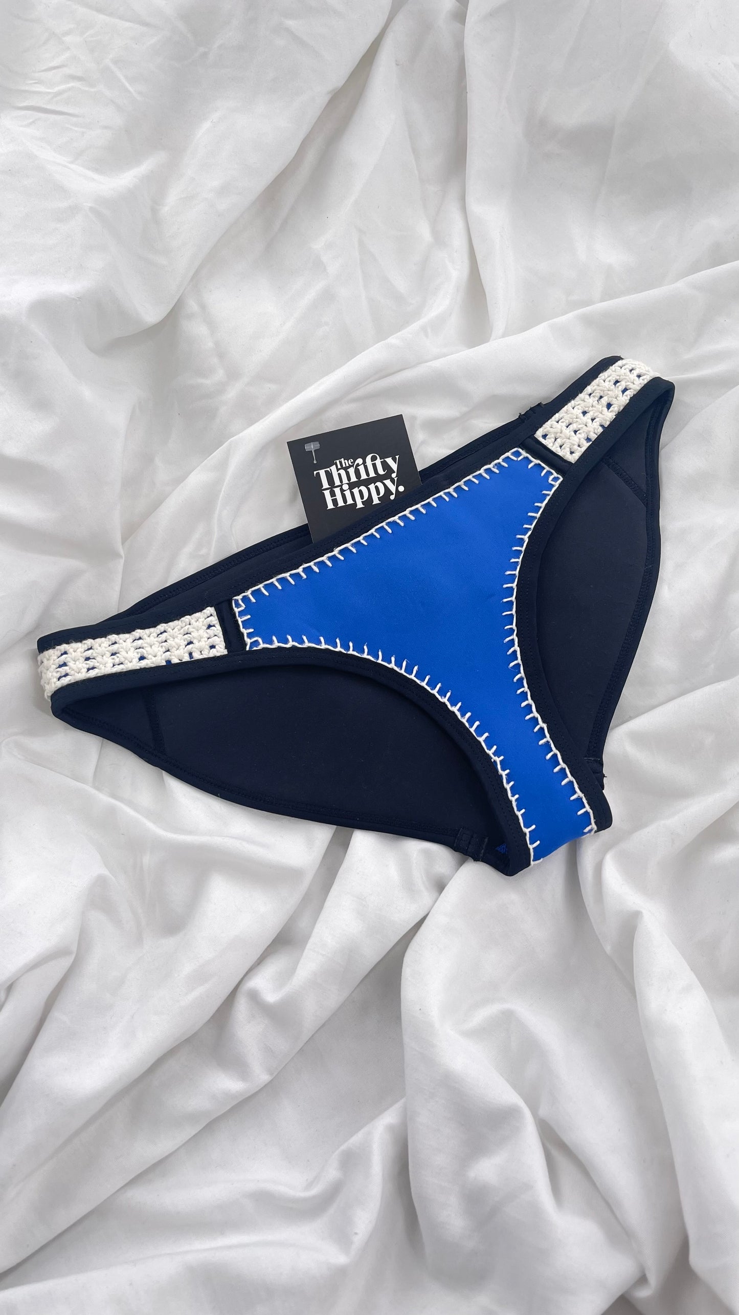 TRIANGL Swim Royal Blue and Black Neoprene Swim Bottoms with Crochet Sides (Small)