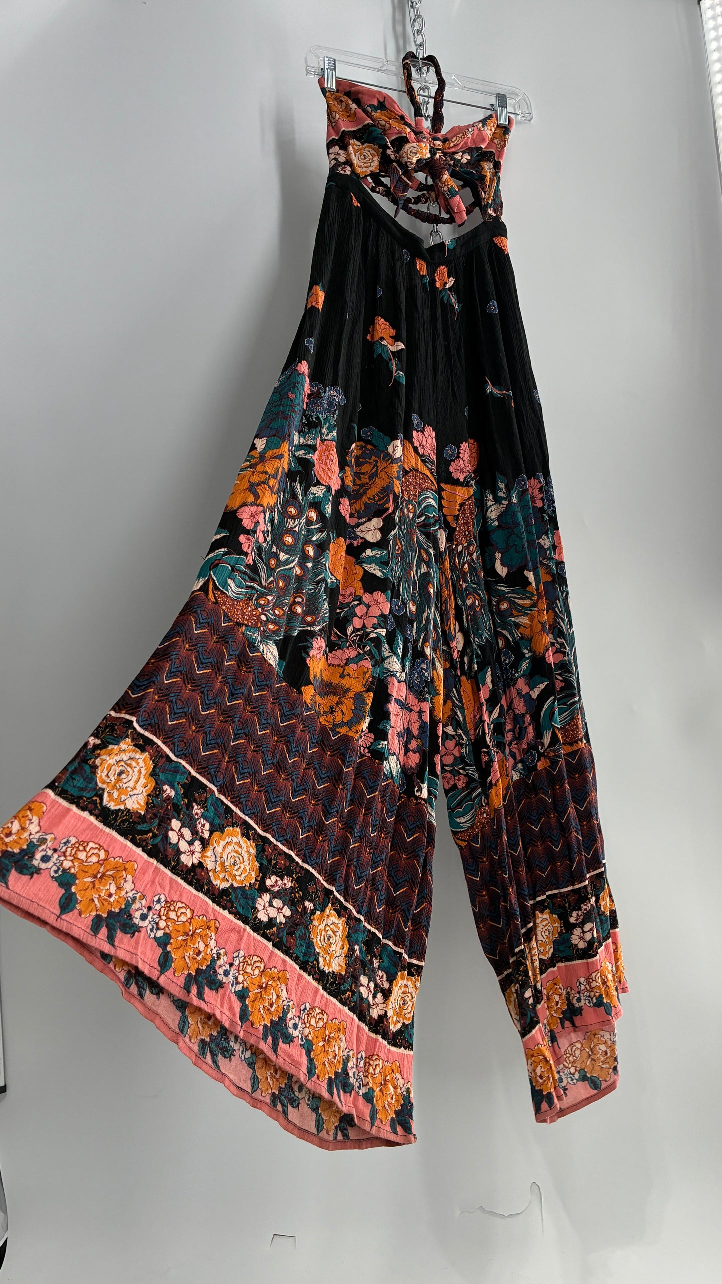 Free People Wide Leg Black Jumpsuit with Contrast Florals (Small)