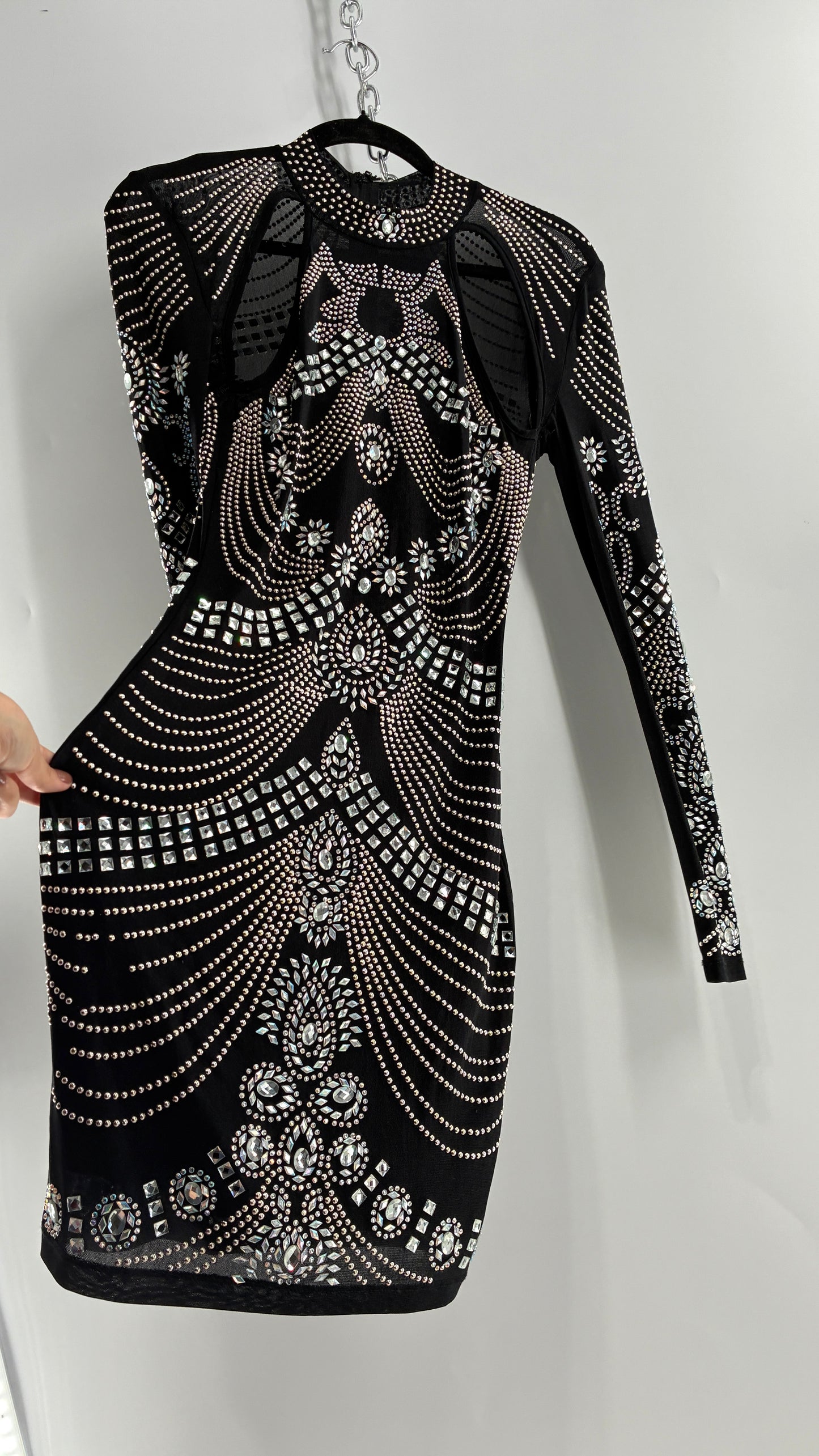Black Bedazzled Mini Dress with Cut Out Details Covered in Gems (Small)