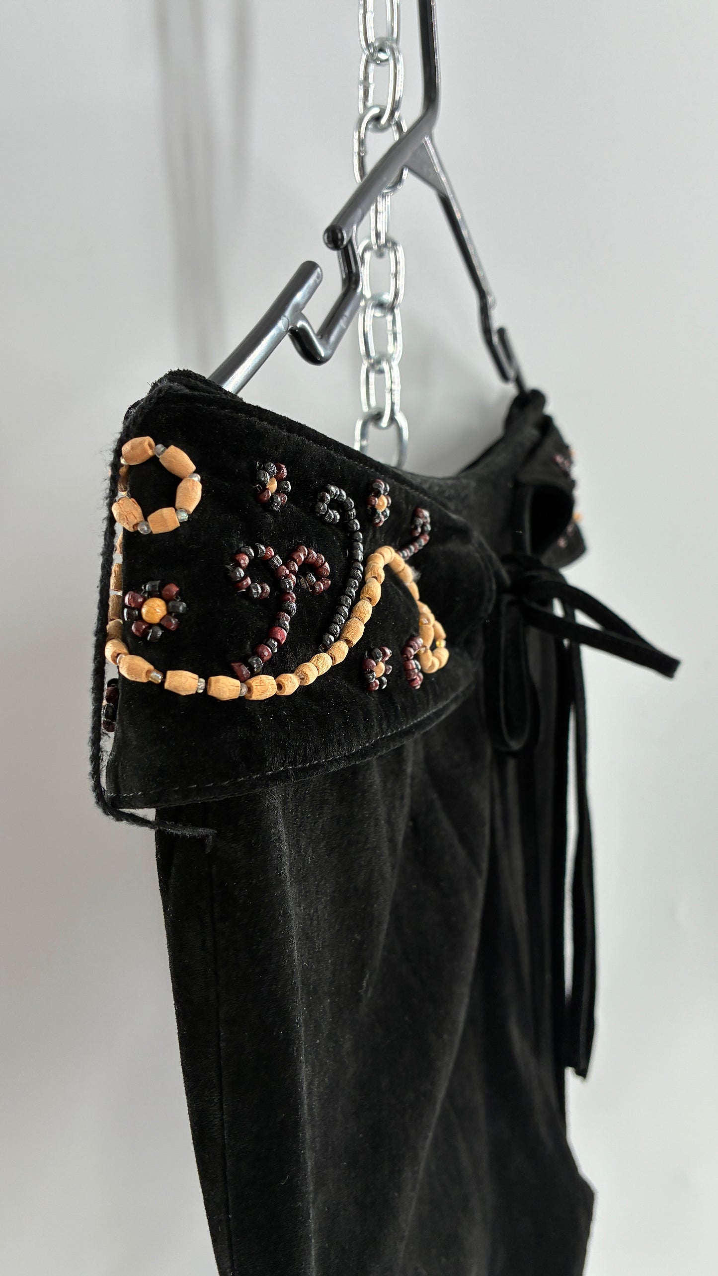 Vintage Margaret Godfrey Black Genuine Suede Leather Kick Flares with Wide Beaded Belt (10)
