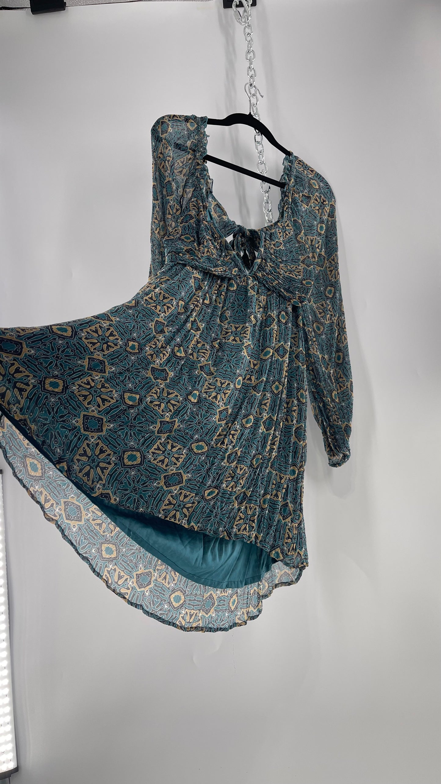 Let Me Be Crimped Balloon Sleeve Mini Dress with Wired Bust and Tie/Open Back Detail with Tags Attached (Medium)