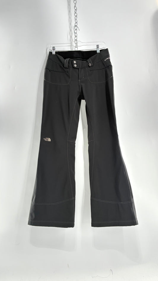Vintage North Face Dark Gray, Low Rise, Kick Flare Pants with Contrast Stitching, Side Closure and Oversized Bum Pockets (Small)